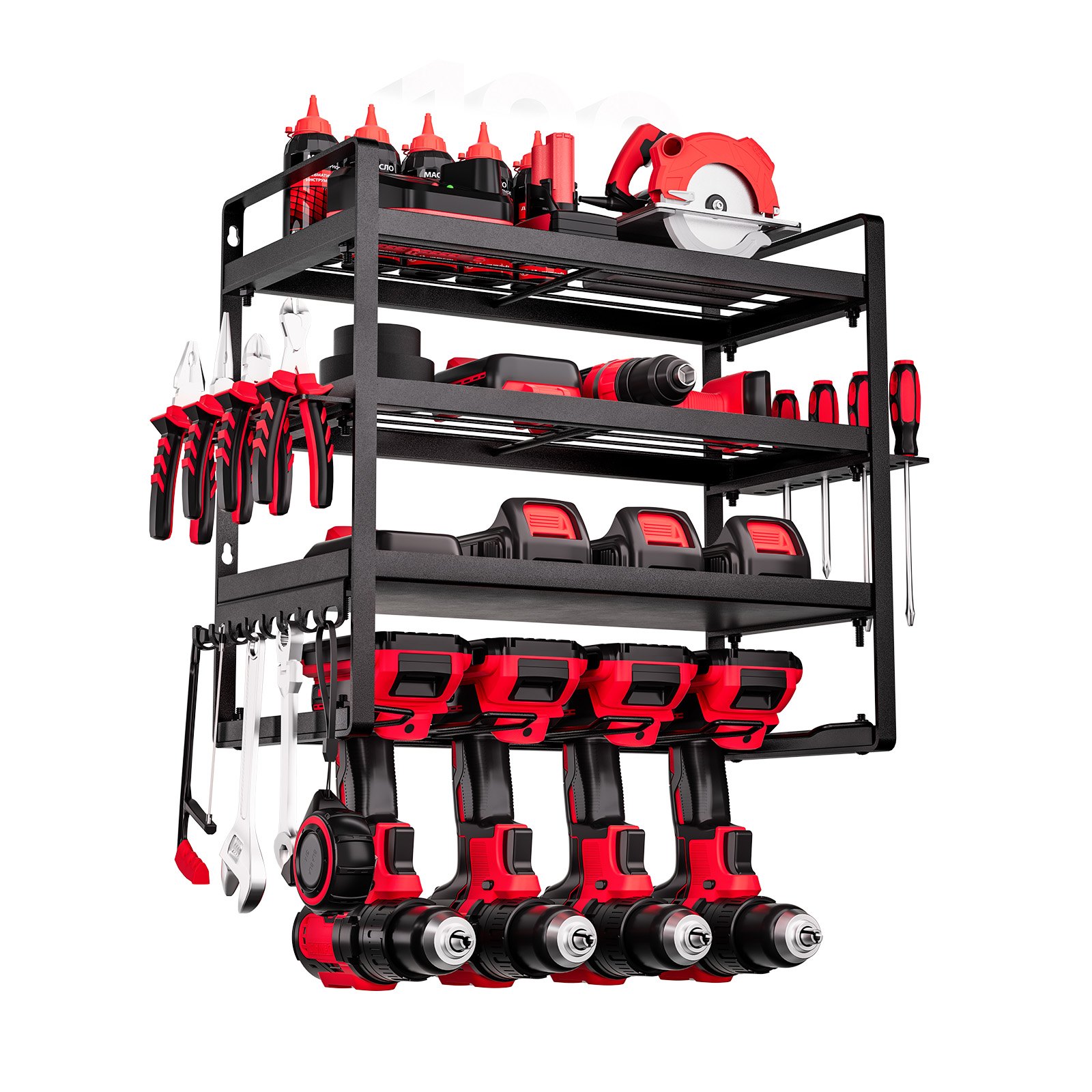 VEVOR Organizador de Herramientas Eléctricas de Pared, Estante de Almacenamiento de 4 Capas con 4 Soportes para Taladros, para Garaje, Banco de Trabajo y Taller, 490 x 200 x 370 mm, Carga 60 kg