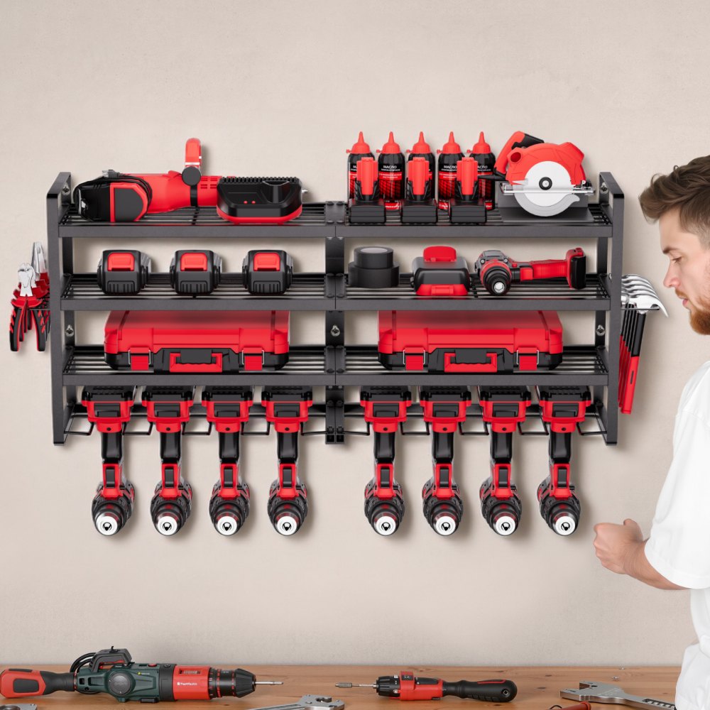 VEVOR Organizador de Herramientas Eléctricas de Pared, Estante de Almacenamiento de 4 Capas con 8 Portabrocas, para Destornillador, para Garaje, Banco de Trabajo y Taller, 928,5 x 200 x 420 mm