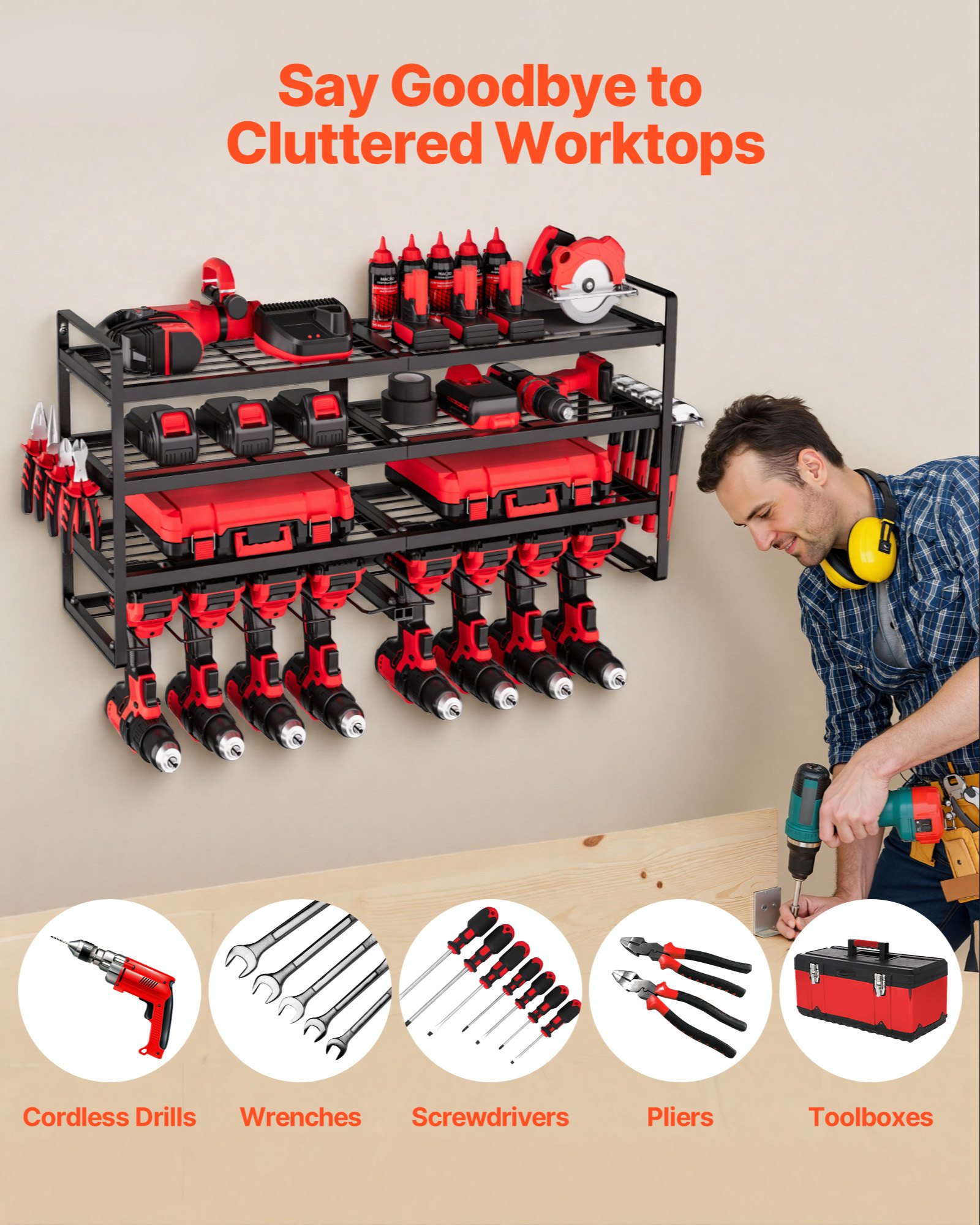 VEVOR Organizador de Herramientas Eléctricas de Pared, Estante de Almacenamiento de 4 Capas con 8 Portabrocas, para Destornillador, para Garaje, Banco de Trabajo y Taller, 928,5 x 200 x 420 mm