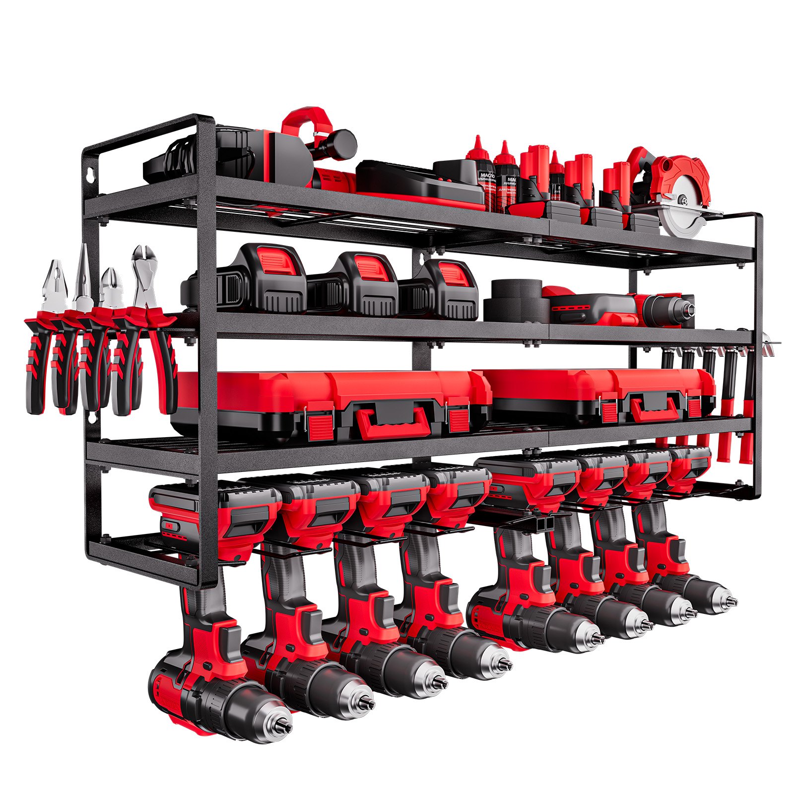 VEVOR Organizador de Herramientas Eléctricas de Pared, Estante de Almacenamiento de 4 Capas con 8 Portabrocas, para Destornillador, para Garaje, Banco de Trabajo y Taller, 928,5 x 200 x 420 mm