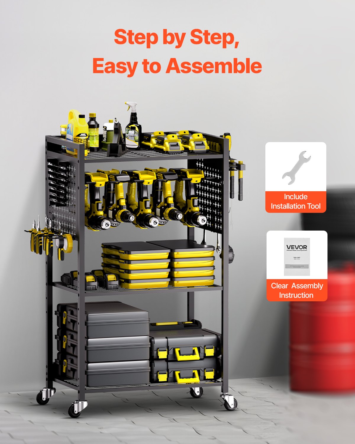 VEVOR 4-Tier Tool Trolley, 68 kg Load Capacity, Workshop Trolley with Rolling Drill Holder & Sturdy Storage Shelf, Assembly Trolley for Garage, Workshop, Black, 560x350x970 mm