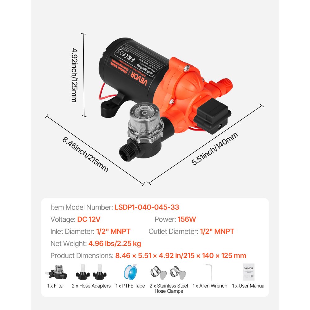 VEVOR Bomba de Diafragma, 12 V DC, 15,1 L/min, Autocebante, de 3 Cámaras con Presostato Automático, Presión de 2,75 Bar, para Autocaravanas, Caravanas, Barcos, Yates y Lavaderos de Coches, 156 W