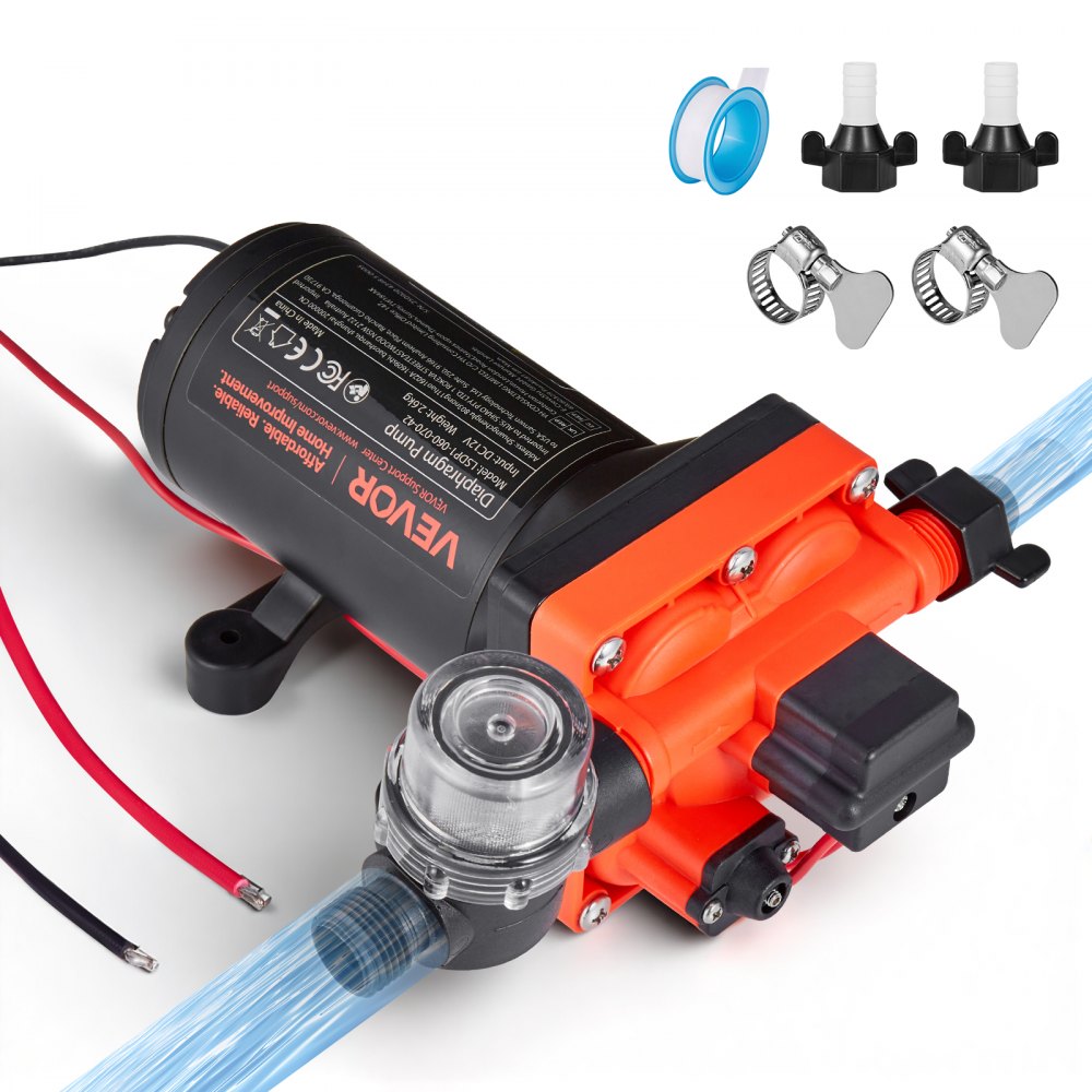 VEVOR Bomba de Diafragma, 12 V DC, 22,7 L/min, Autocebante, de 4 Cámaras con Presostato Automático y Presión de 4,8 bar, para Autocaravanas, Caravanas, Barcos, Yates y Lavaderos de Coches, 204 W