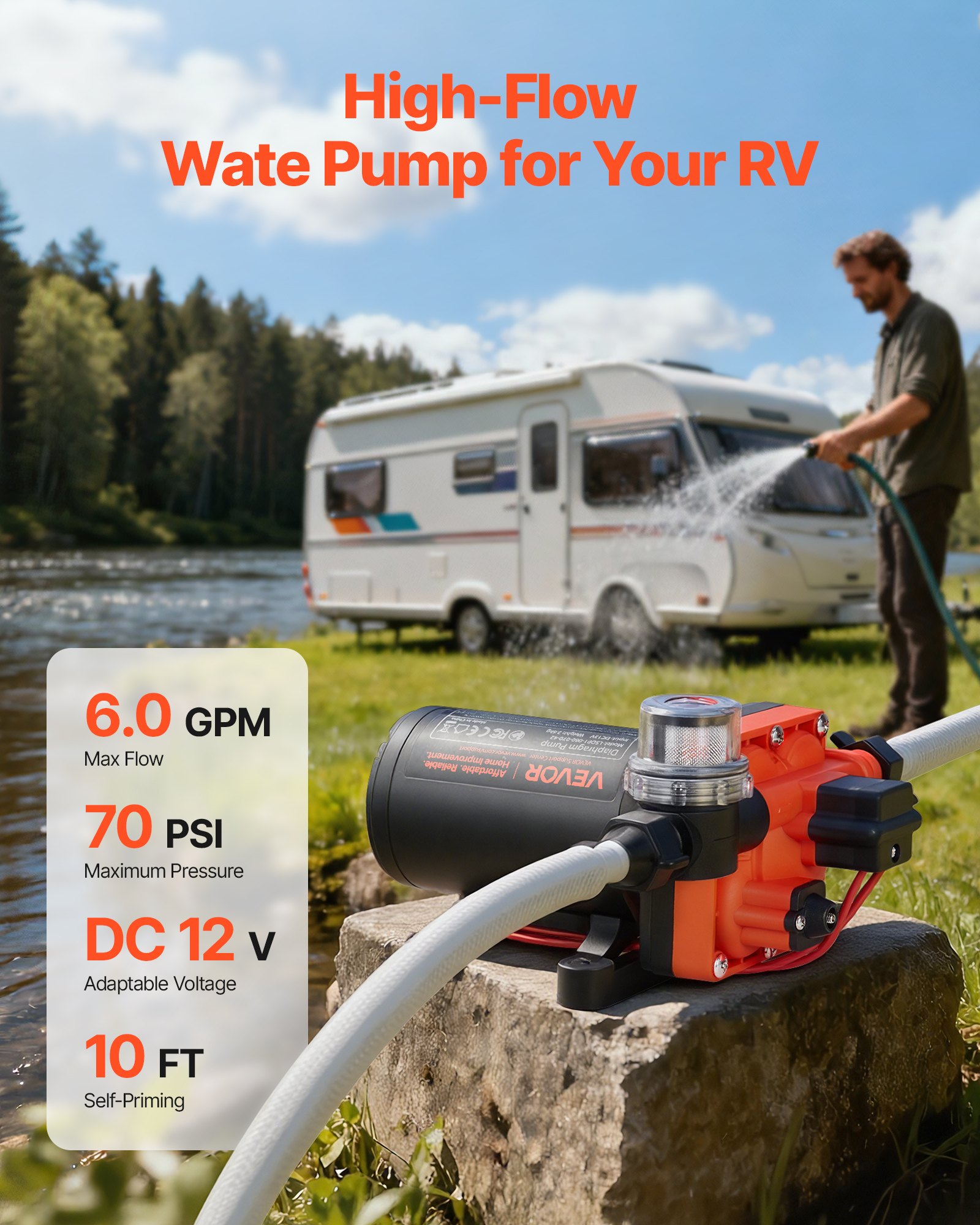 VEVOR Bomba de Diafragma, 12 V DC, 22,7 L/min, Autocebante, de 4 Cámaras con Presostato Automático y Presión de 4,8 bar, para Autocaravanas, Caravanas, Barcos, Yates y Lavaderos de Coches, 204 W