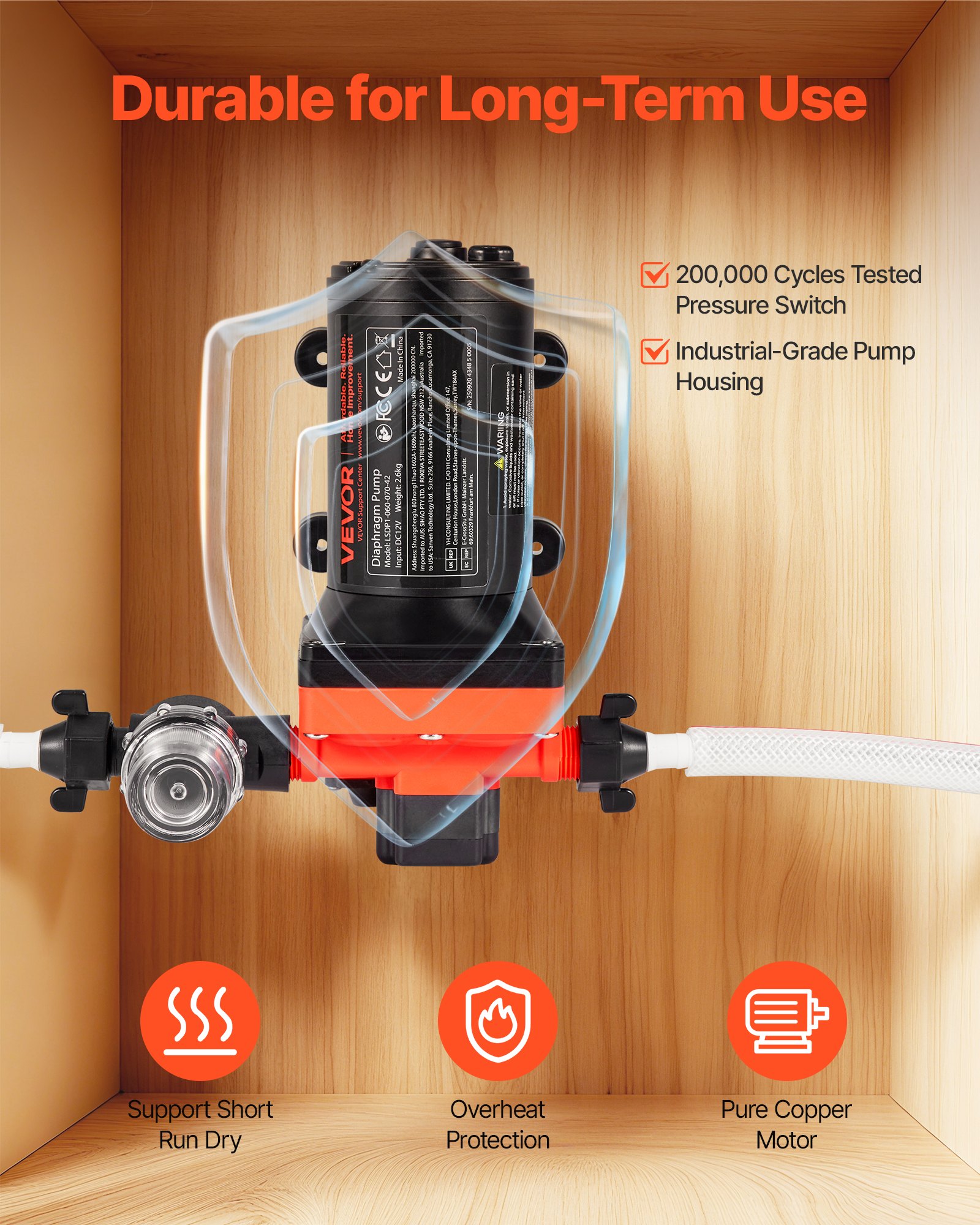 VEVOR Bomba de Diafragma, 12 V DC, 22,7 L/min, Autocebante, de 4 Cámaras con Presostato Automático y Presión de 4,8 bar, para Autocaravanas, Caravanas, Barcos, Yates y Lavaderos de Coches, 204 W