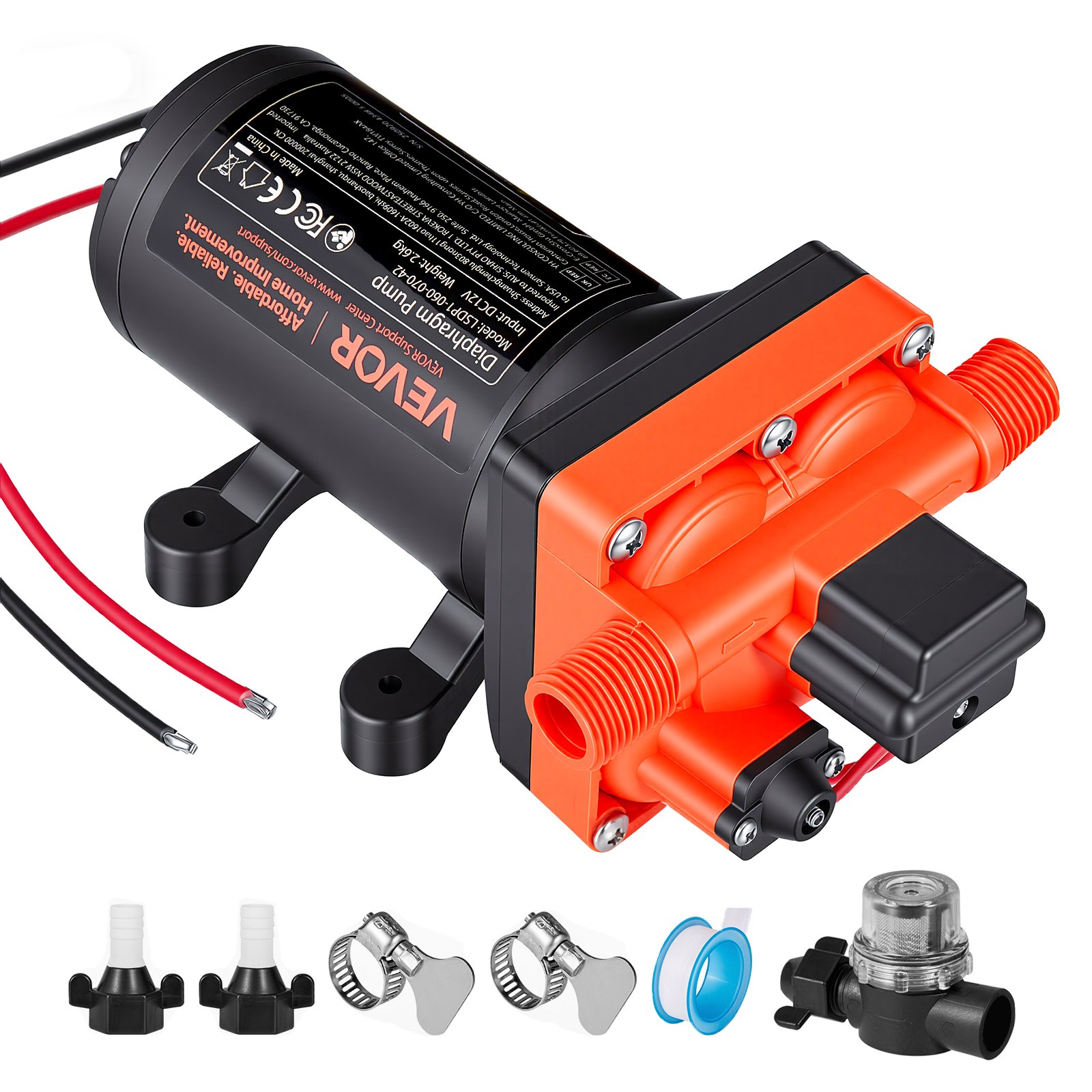VEVOR Bomba de Diafragma, 12 V DC, 22,7 L/min, Autocebante, de 4 Cámaras con Presostato Automático y Presión de 4,8 bar, para Autocaravanas, Caravanas, Barcos, Yates y Lavaderos de Coches, 204 W