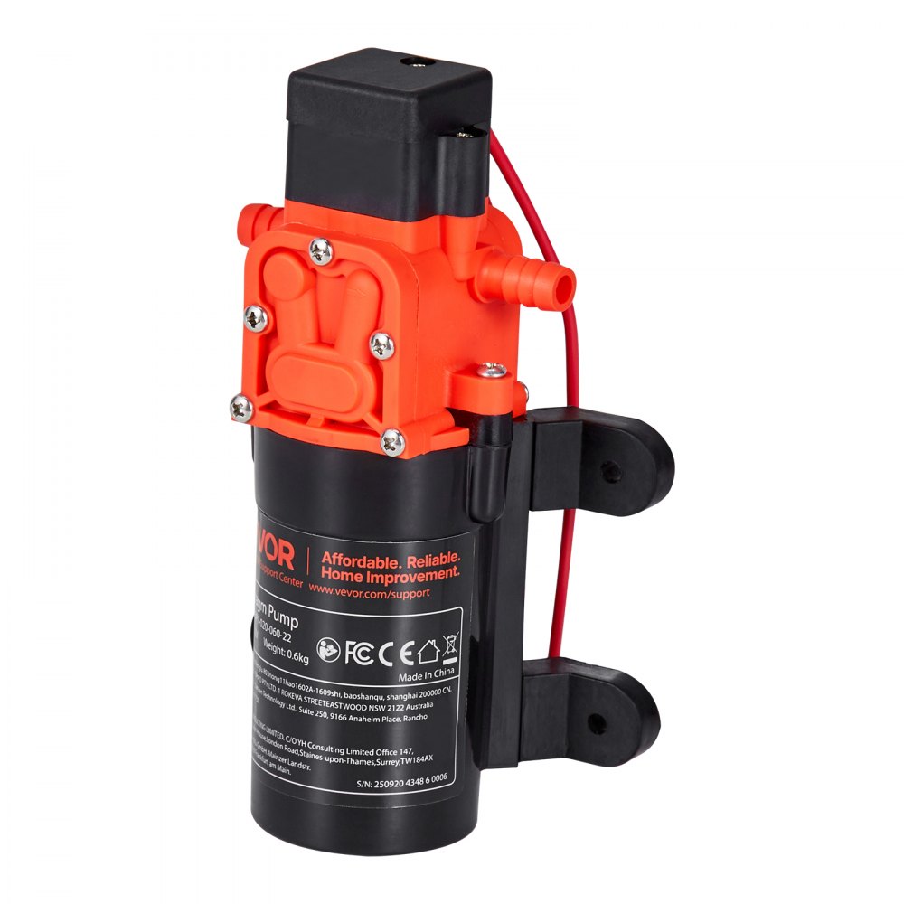 VEVOR Bomba de Diafragma, 4,5 L/min, Autocebante, de 2 Cámaras con 2 Abrazaderas, Presión Máxima de 5,5 Bar, Funcionamiento Silencioso, para Autocaravanas, Caravanas, Barcos y Riego de Jardines