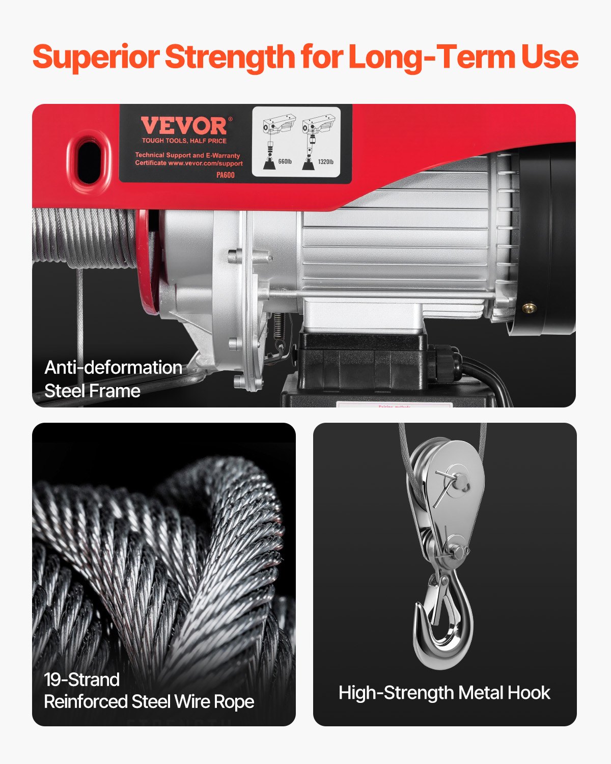 VEVOR Polipasto Eléctrico Carga de 600 kg Cabrestante Eléctrico 230 V Control Remoto Inalámbrico y con Cable de 4,2 m Parada de Emergencia Polipasto Elevador para Garaje, Almacén, Fábrica