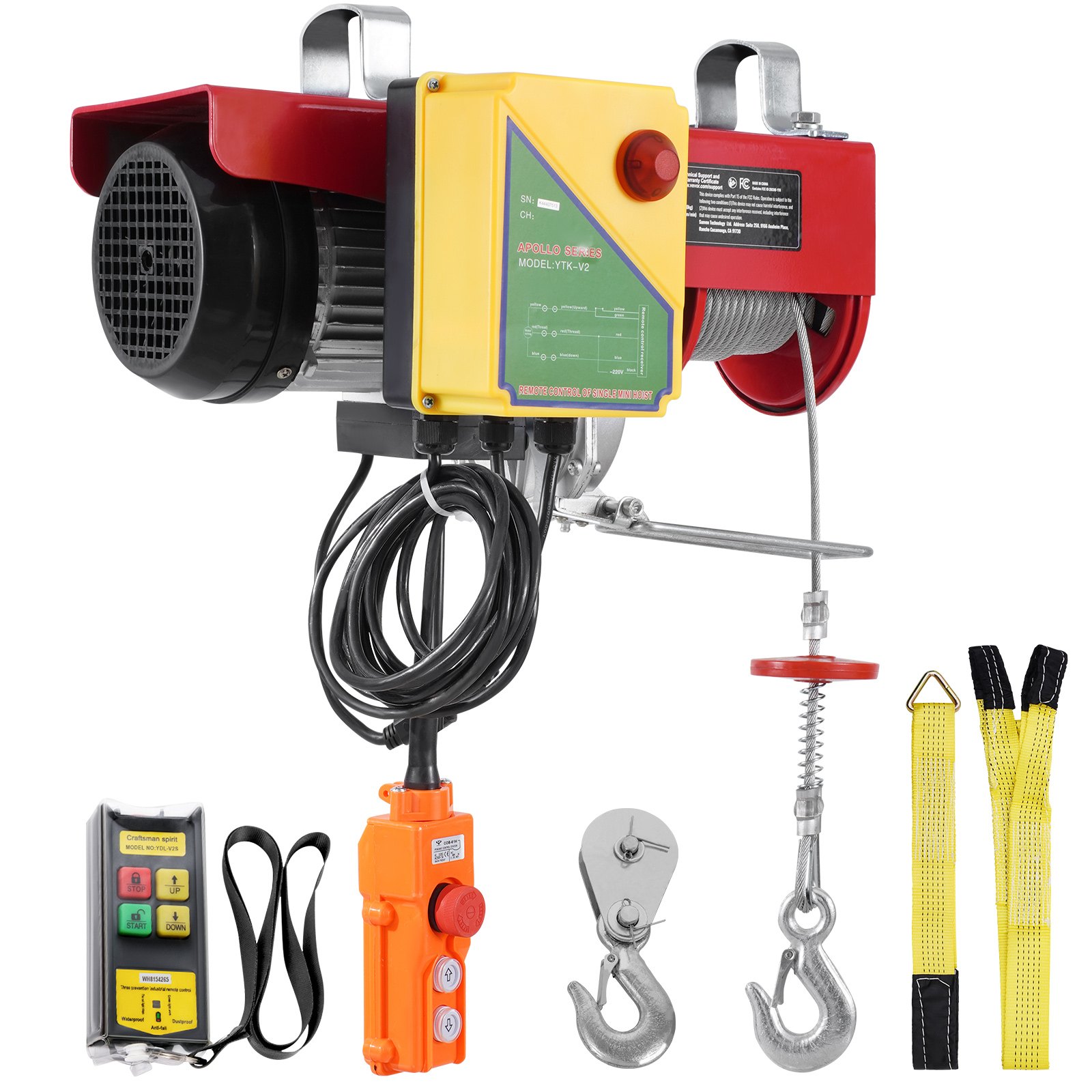 VEVOR Polipasto Eléctrico Carga de 1000 kg Cabrestante Eléctrico 230 V Control Remoto Inalámbrico y con Cable de 4,2 m Parada de Emergencia Polipasto Elevador para Garaje, Almacén, Fábrica