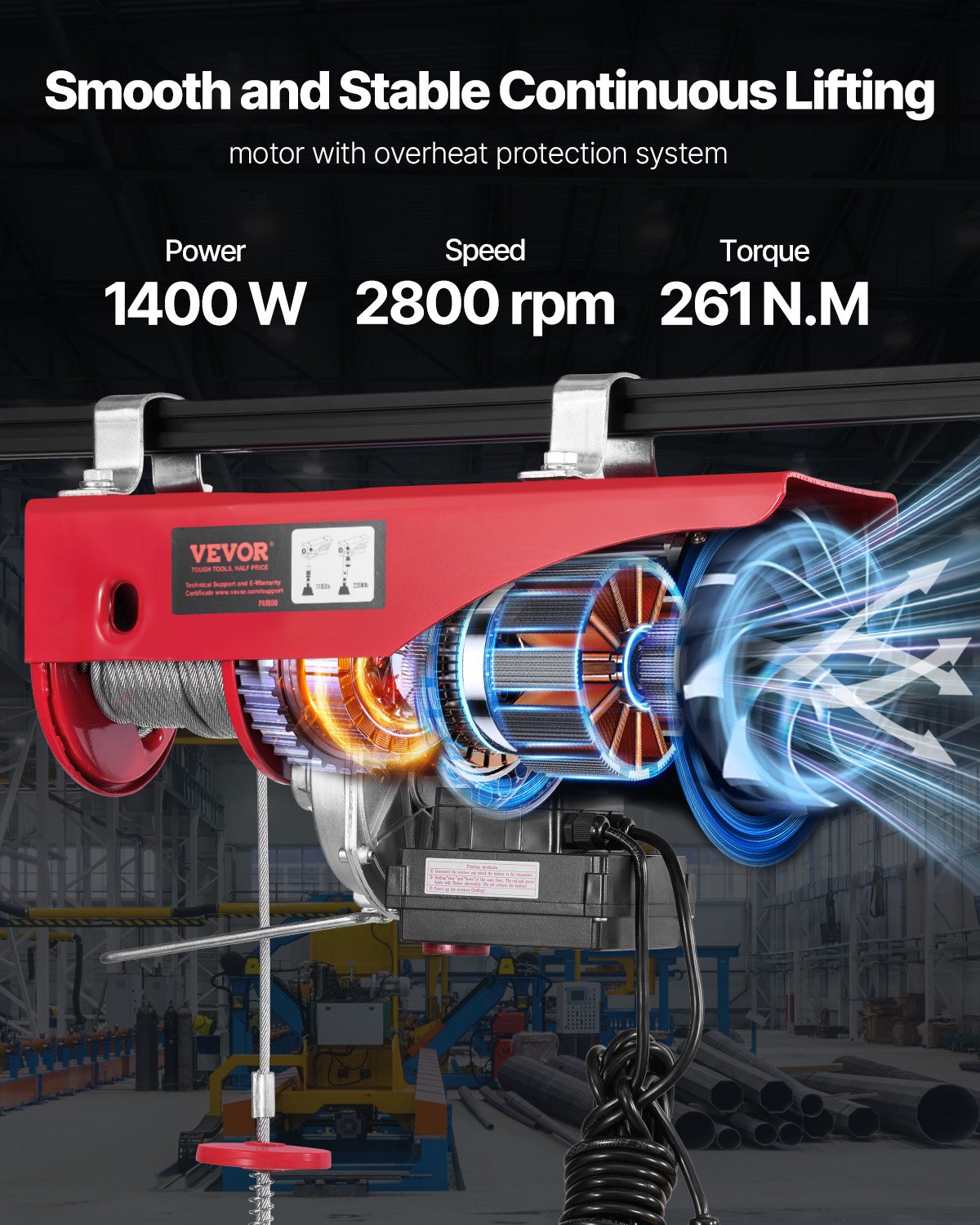 VEVOR Electric Winch, 1000 kg, Motor Winch with 100 m Wireless and 4.2 m Wired Remote Control, 12 m Lifting Height with Single Cable, Single/Double Slings, Lifting Equipment for Garage, Warehouse, Factory