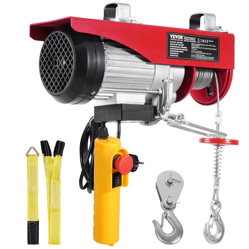 VEVOR Polipasto Eléctrico Carga de 800kg Cabrestante Eléctrico 230V Control Remoto con Cable de 4,2m Eslingas Simples Dobles Parada de Emergencia Polipasto Elevador para Garaje, Almacén, Fábrica