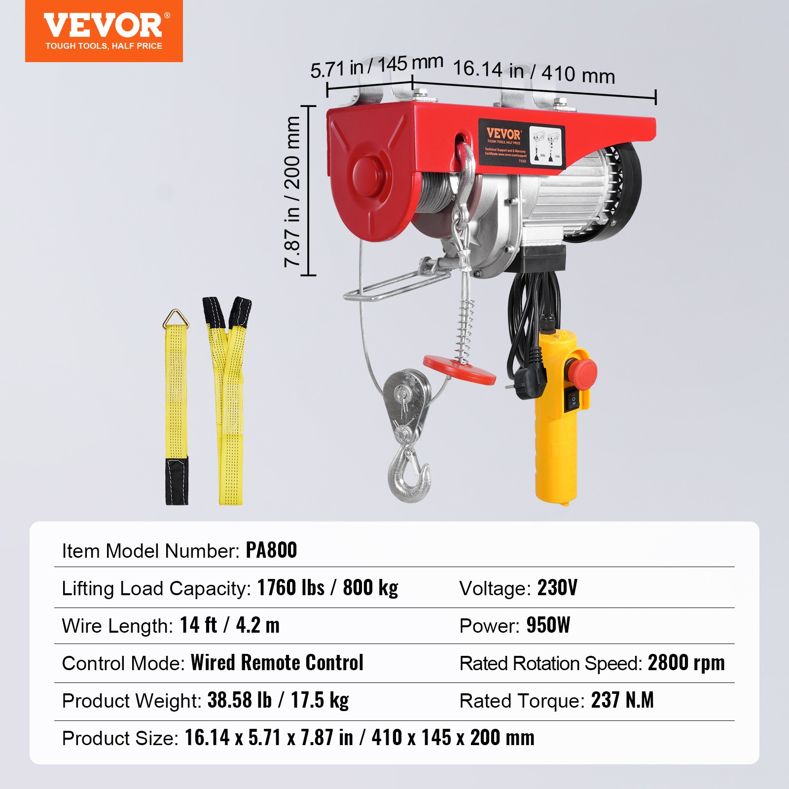 VEVOR Polipasto Eléctrico Carga de 800kg Cabrestante Eléctrico 230V Control Remoto con Cable de 4,2m Eslingas Simples Dobles Parada de Emergencia Polipasto Elevador para Garaje, Almacén, Fábrica