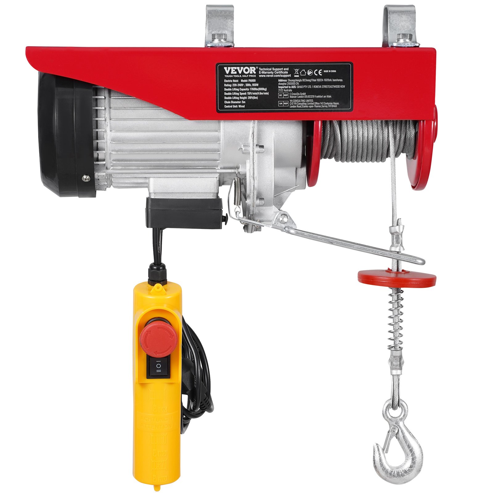 VEVOR Polipasto Eléctrico Carga de 800kg Cabrestante Eléctrico 230V Control Remoto con Cable de 4,2m Eslingas Simples Dobles Parada de Emergencia Polipasto Elevador para Garaje, Almacén, Fábrica