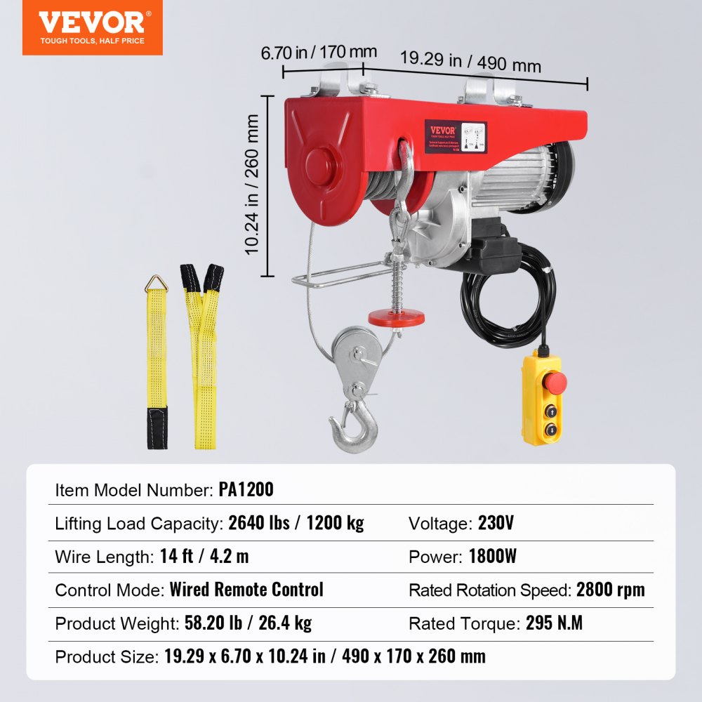 VEVOR Polipasto Eléctrico Carga de 1200kg Cabrestante Eléctrico 230V Control Remoto con Cable de 4,2m Eslinga Simple Doble Parada de Emergencia Polipasto Elevador para Garaje, Almacén, Fábrica