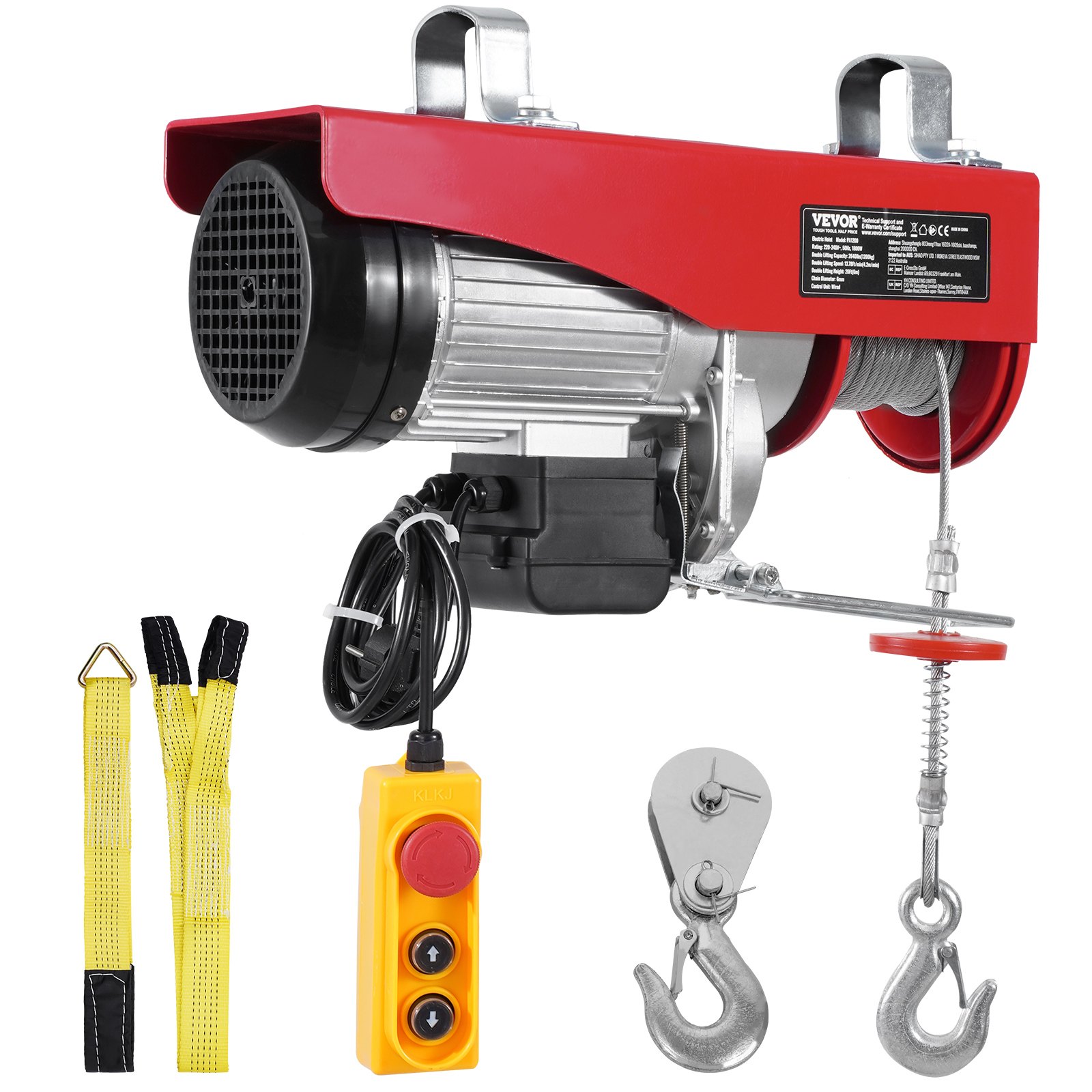 VEVOR Polipasto Eléctrico Carga de 1200kg Cabrestante Eléctrico 230V Control Remoto con Cable de 4,2m Eslinga Simple Doble Parada de Emergencia Polipasto Elevador para Garaje, Almacén, Fábrica