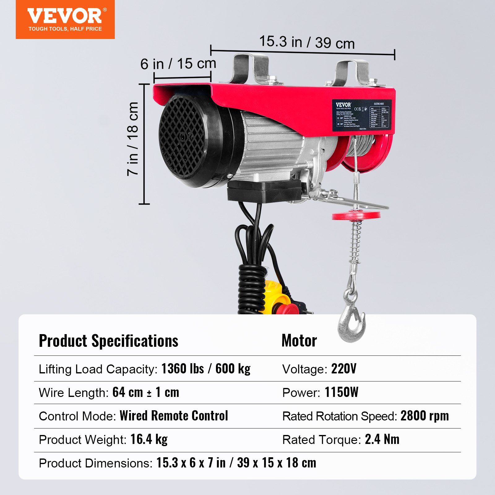 VEVOR Polipasto Eléctrico de Cable Capacidad de 600 kg Polipasto 1150 W con Interruptor de Control por Cable 10 m/min Altura de Elevación 12 m Cable Único Motor para Garajes Almacenes Plantas