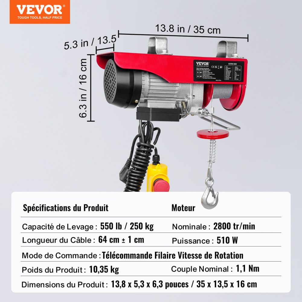 VEVOR Polipasto Eléctrico de Cable 510 W 125/250 kg Elevación Máxima 12 m, para Garajes, Almacenes, Fábricas y Talleres, con Control por Cable de 4 m, Parada de Emergencia y Freno Electromagnético