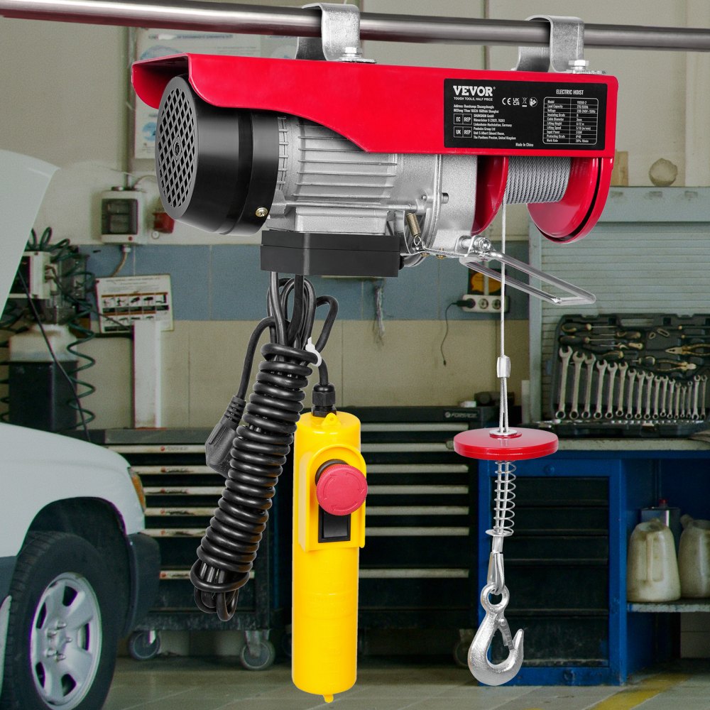 VEVOR Polipasto Eléctrico de Cable 510 W 125/250 kg Elevación Máxima 12 m, para Garajes, Almacenes, Fábricas y Talleres, con Control por Cable de 4 m, Parada de Emergencia y Freno Electromagnético