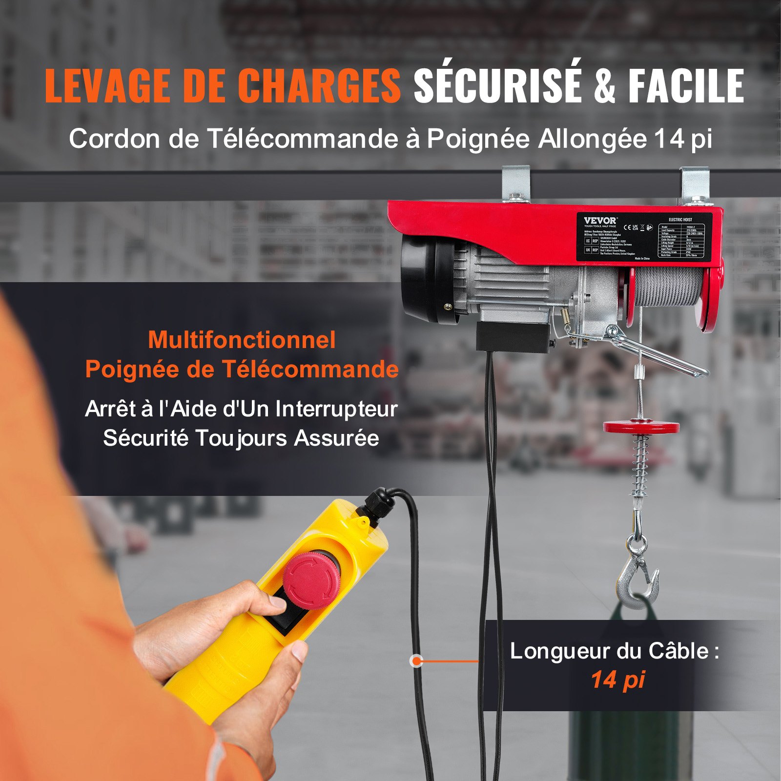 VEVOR Polipasto Eléctrico de Cable 510 W 125/250 kg Elevación Máxima 12 m, para Garajes, Almacenes, Fábricas y Talleres, con Control por Cable de 4 m, Parada de Emergencia y Freno Electromagnético