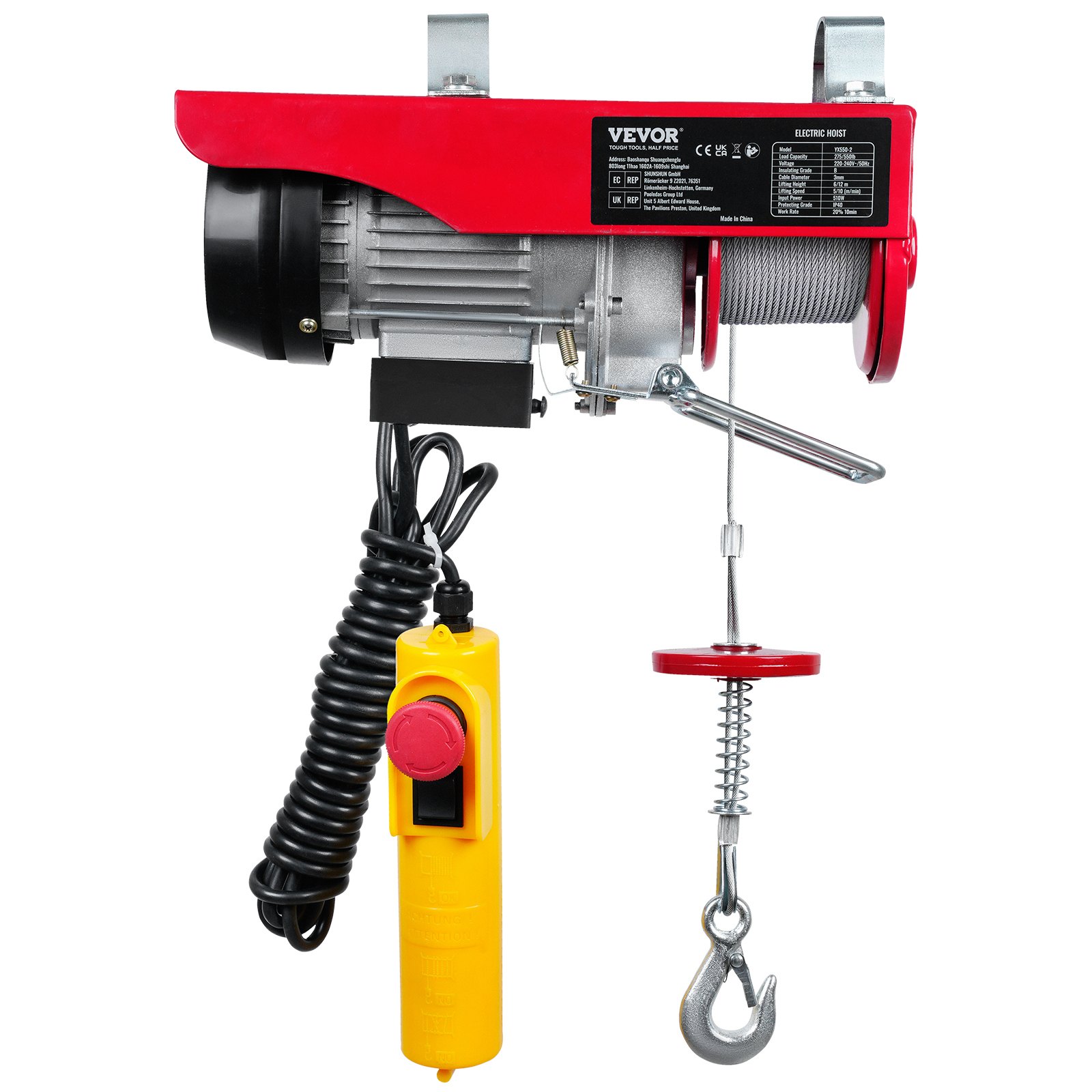 VEVOR Polipasto Eléctrico de Cable 510 W 125/250 kg Elevación Máxima 12 m, para Garajes, Almacenes, Fábricas y Talleres, con Control por Cable de 4 m, Parada de Emergencia y Freno Electromagnético