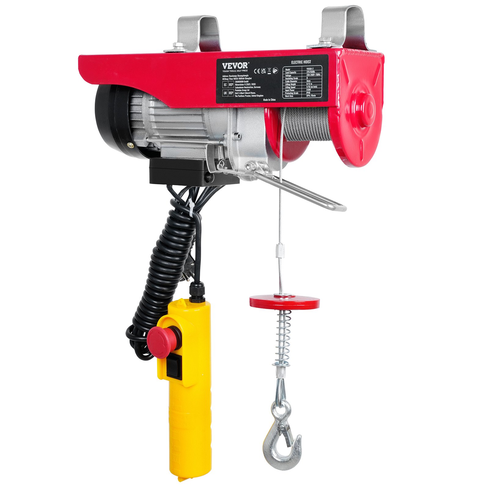 VEVOR Polipasto Eléctrico de Cable 510 W 125/250 kg Elevación Máxima 12 m, para Garajes, Almacenes, Fábricas y Talleres, con Control por Cable de 4 m, Parada de Emergencia y Freno Electromagnético