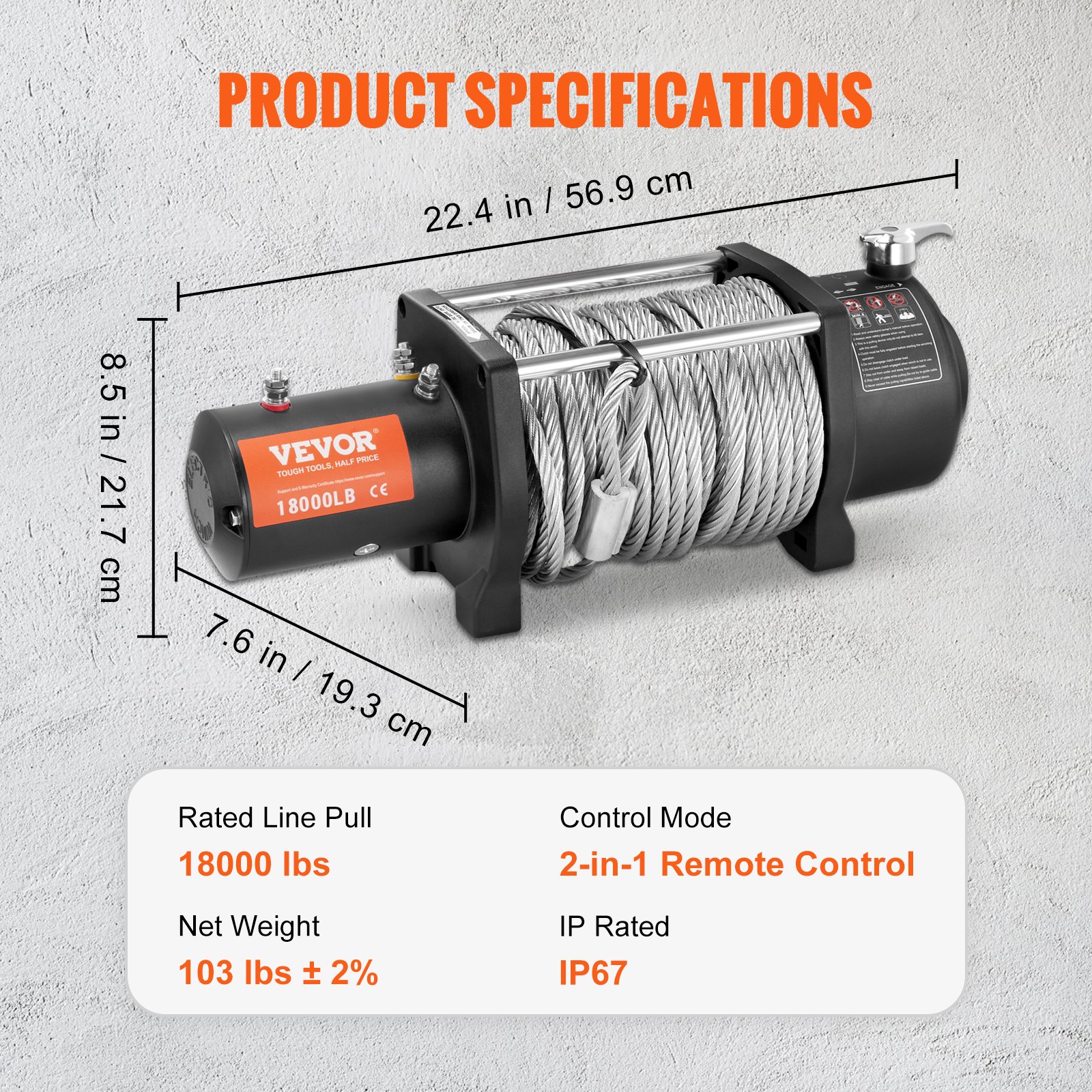 VEVOR Cabrestante eléctrico 18,000lb Vehículos Cabrestante IP67 Cable de acero Control inalámbrico