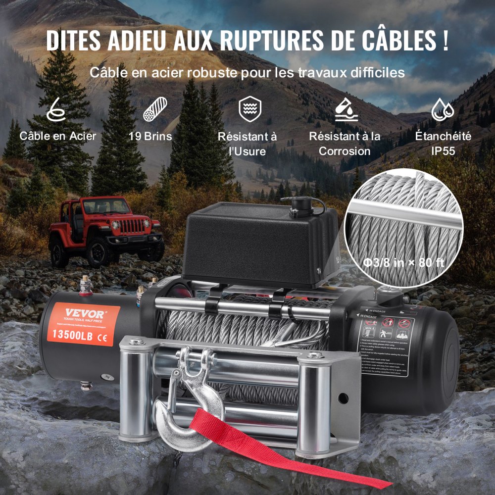 VEVOR Cabrestante Eléctrico 6123 kg 12 V CC con Cable de Acero Guía de Cables Mando a Distancia Inalámbrico Resistente al Agua IP55 para Remolcar SUV Todoterreno, Jeep, Camión, Remolque, Barco