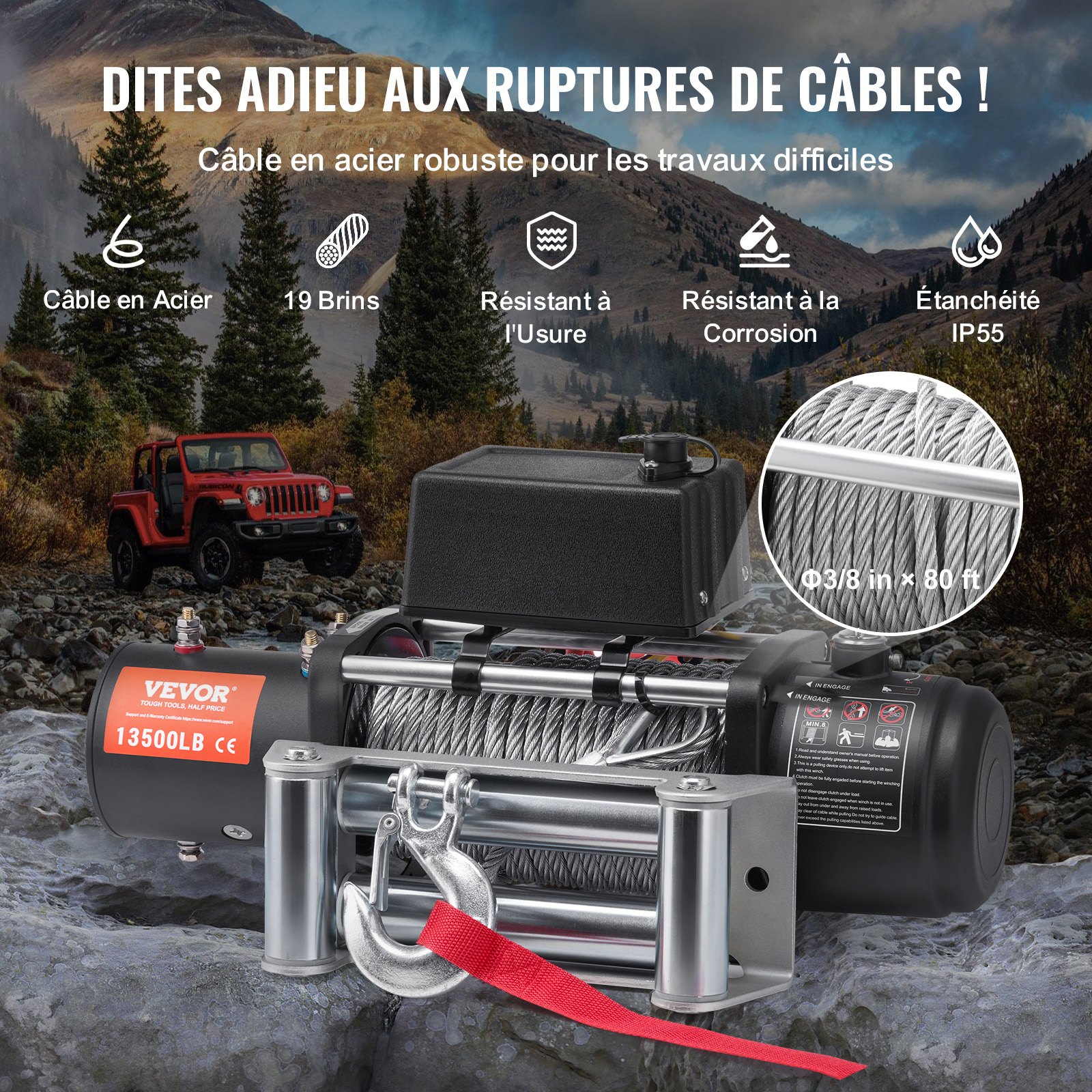 VEVOR Cabrestante Eléctrico 6123 kg 12 V CC con Cable de Acero Guía de Cables Mando a Distancia Inalámbrico Resistente al Agua IP55 para Remolcar SUV Todoterreno, Jeep, Camión, Remolque, Barco