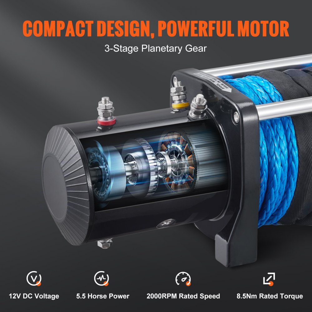 Cabrestante eléctrico VEVOR con engranaje planetario de 3 etapas, 5,5 caballos de fuerza y diseño compacto.
