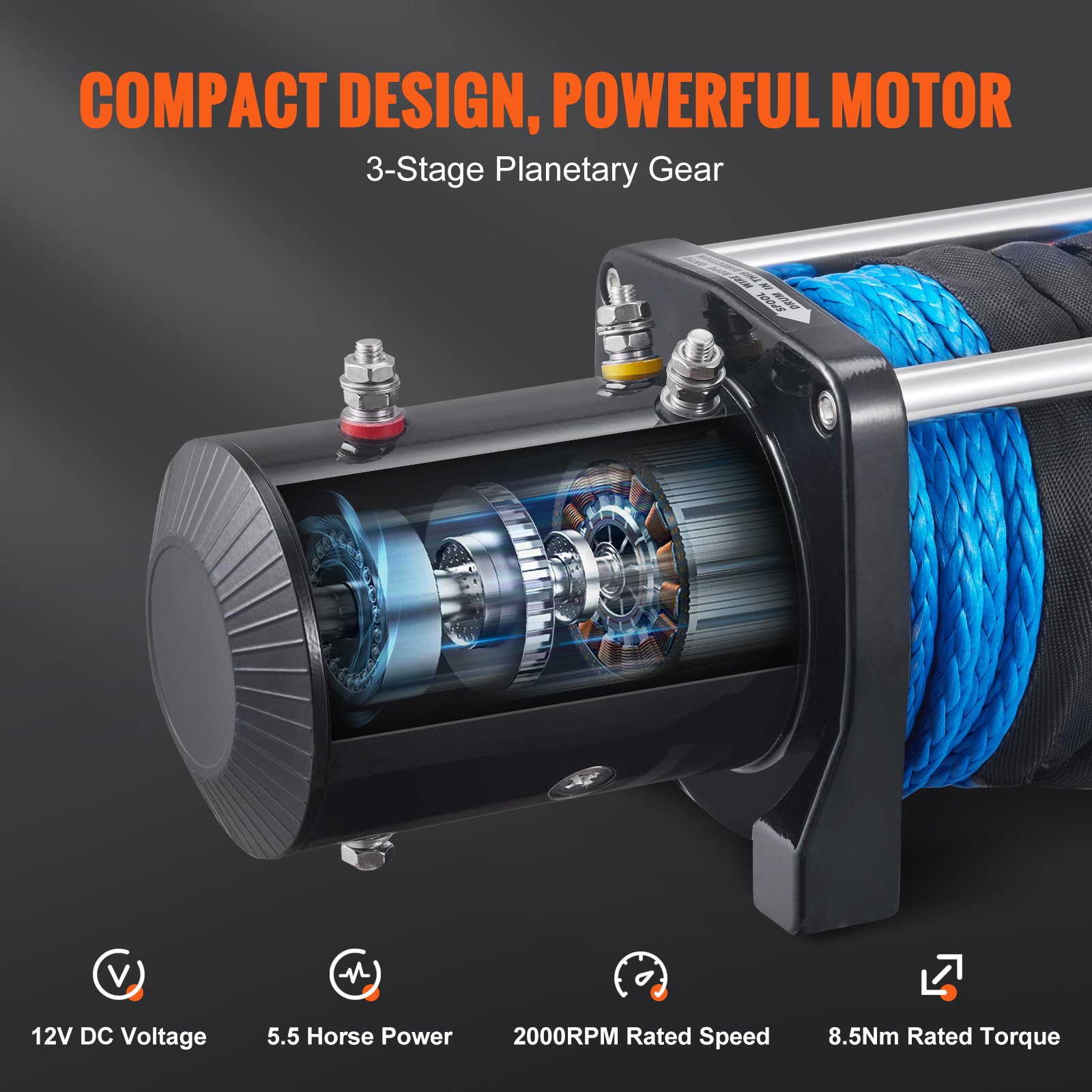 Cabrestante eléctrico VEVOR con engranaje planetario de 3 etapas, 5,5 caballos de fuerza y diseño compacto.