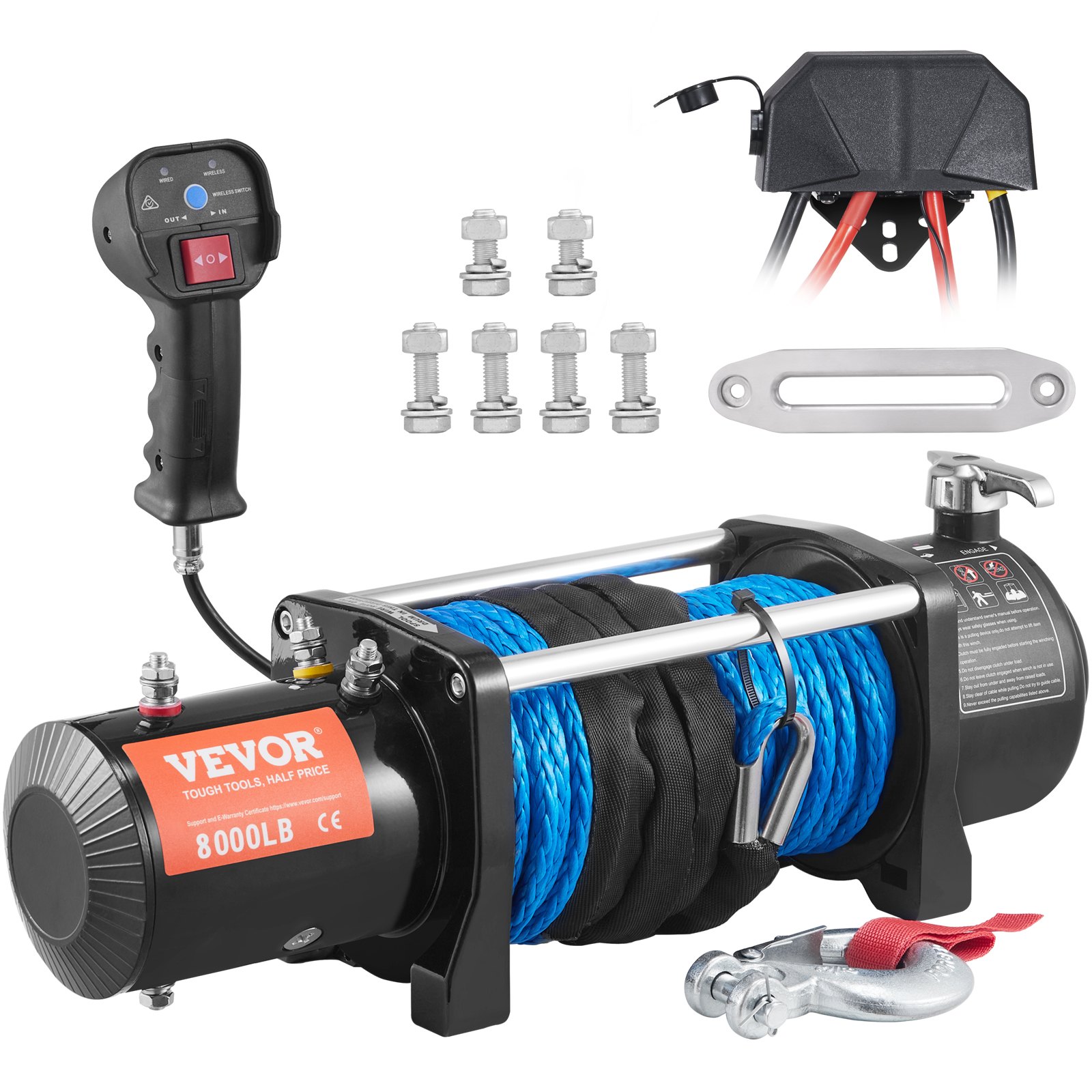 Cabrestante eléctrico VEVOR con cuerda azul, manija de control, pernos de montaje, gancho y accesorios de cableado.
