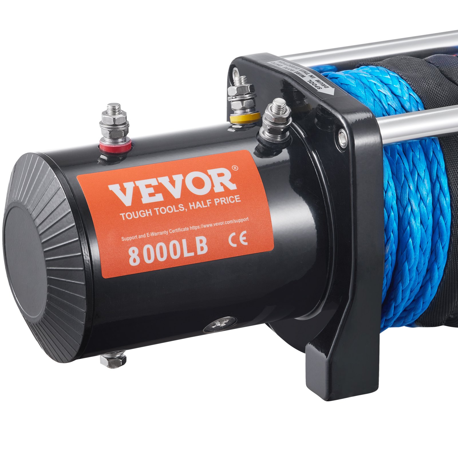 Cabrestante eléctrico VEVOR de 8000 lb con cuerda sintética azul y carcasa negra.