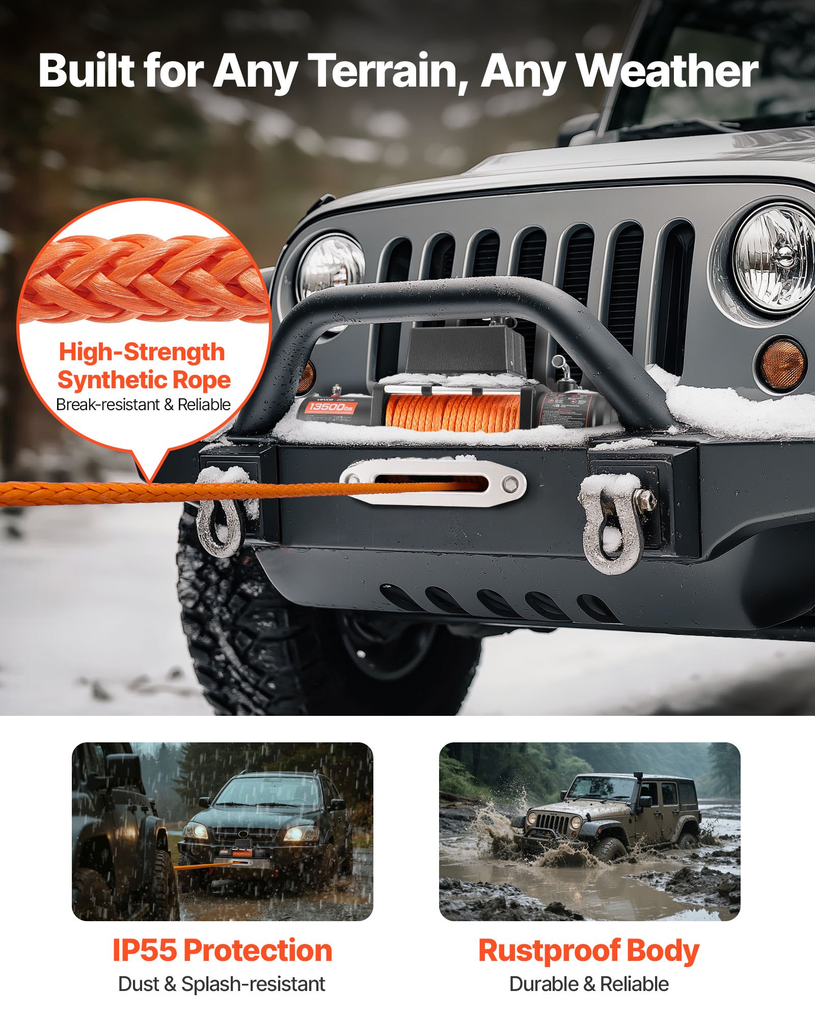 VEVOR Cabrestante Eléctrico 6123 kg 12 V CC Cuerda Sintética Guía de Cable Control Remoto Inalámbrico y por Cable Impermeable IP55 para Remolcar SUV Todoterreno, Jeep, Camión, Remolque, Barco
