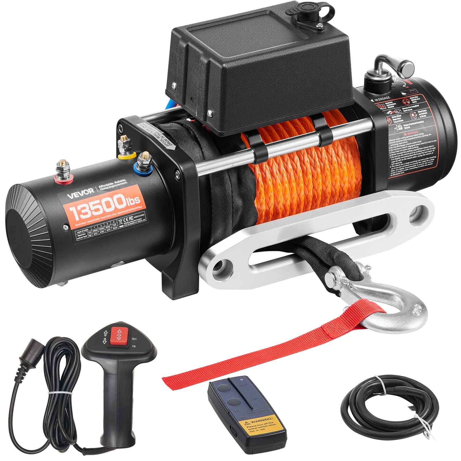 VEVOR Cabrestante Eléctrico 6123 kg 12 V CC Cuerda Sintética Guía de Cable Control Remoto Inalámbrico y por Cable Impermeable IP55 para Remolcar SUV Todoterreno, Jeep, Camión, Remolque, Barco
