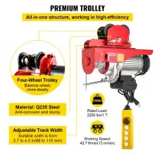 VEVOR Polipasto Eléctrico 1000kg / 1000 lbs Montacargas Eléctrico con Carretilla Eléctrica Polipasto Eléctrico de Acero Cabrestante Eléctrico Cable Eléctrico con Mando a Distancia