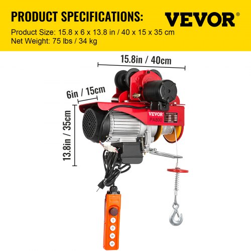 VEVOR Polipasto Eléctrico con Carro, Carga Nominal: 1 T, Polipasto Eléctrico de 1.300 W, Altura de Funcionamiento Estándar: 3 m, Polipasto de Palanca de Acero, para Fábricas, Almacenes y Construcción