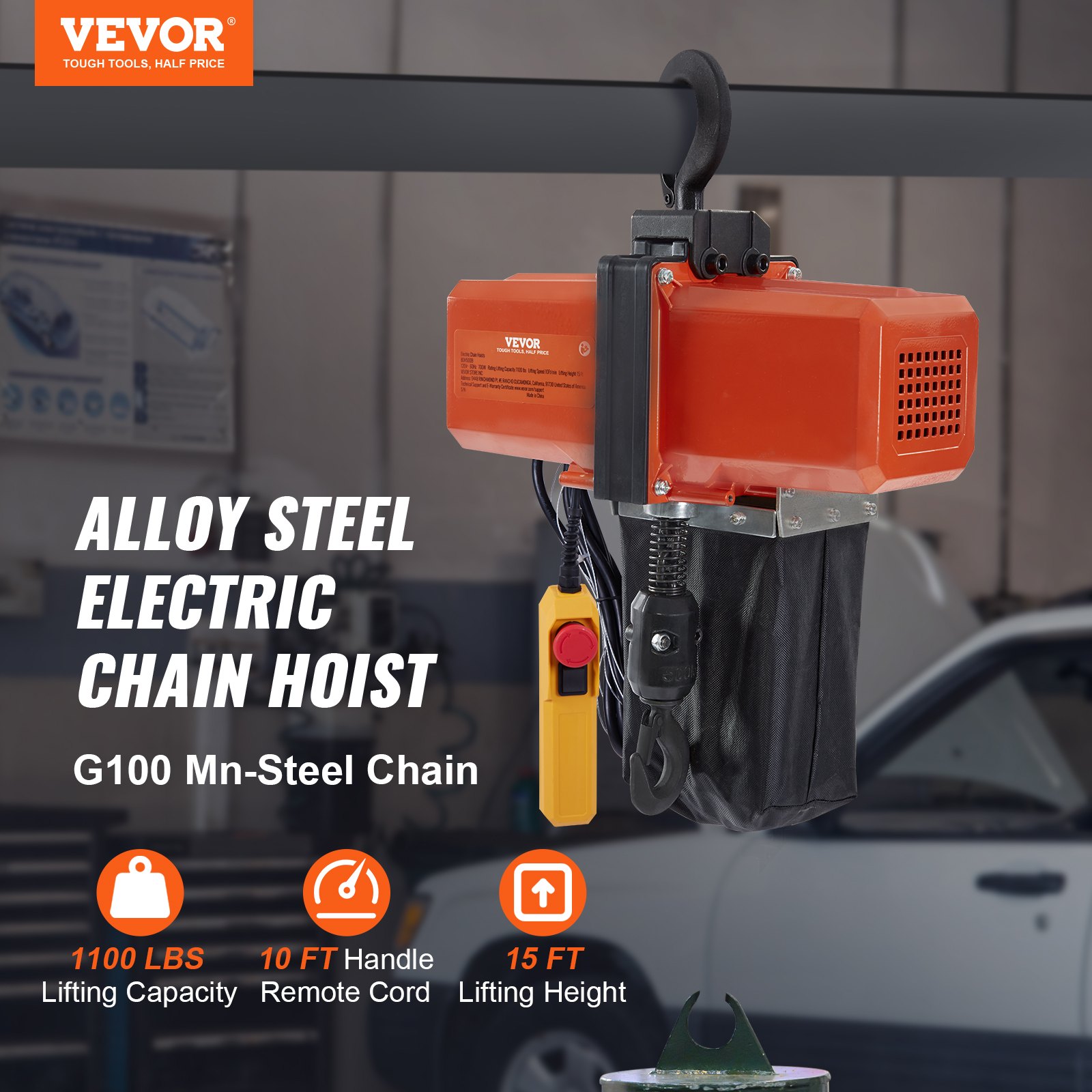 VEVOR Electric Chain Hoist, 1100 lbs Lifting Capacity, 15 ft Lifting Height, 9.2 ft/min Speed, 230 V, Single-Phase Overhead Crane with G100 Chain, 10 ft Cable Remote Control for Garage, Shop, Hotel, Home
