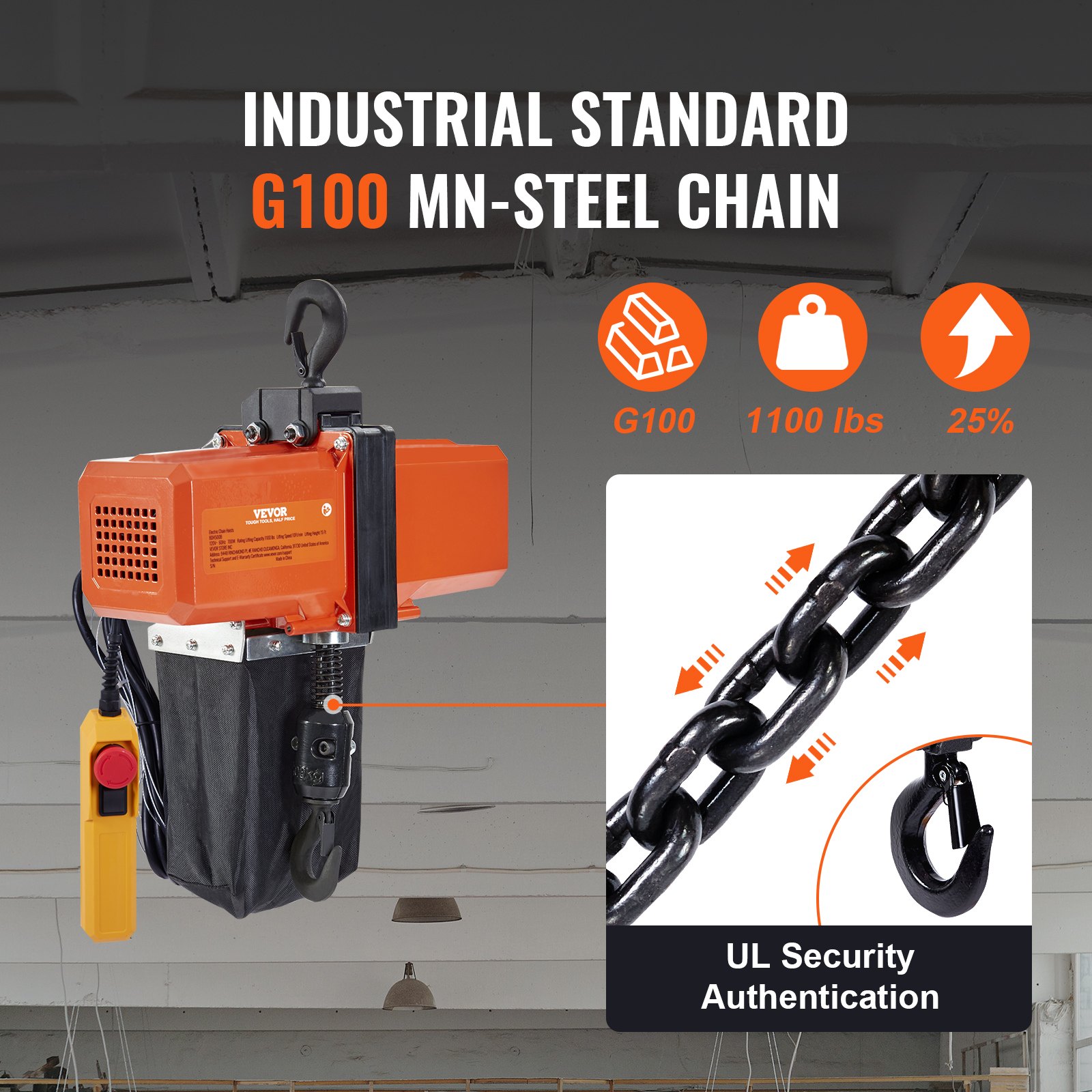 VEVOR Electric Chain Hoist, 1100 lbs Lifting Capacity, 15 ft Lifting Height, 9.2 ft/min Speed, 230 V, Single-Phase Overhead Crane with G100 Chain, 10 ft Cable Remote Control for Garage, Shop, Hotel, Home