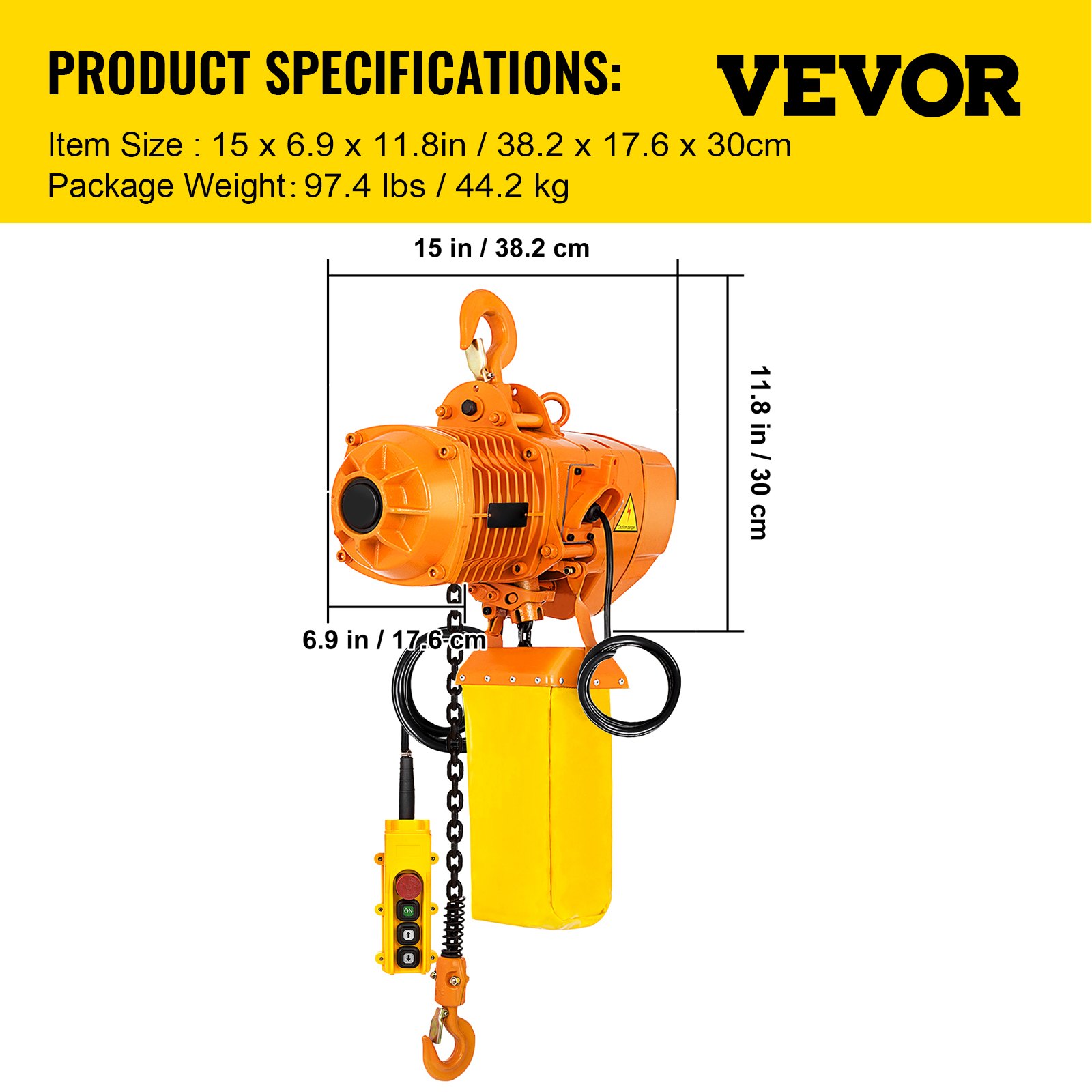 VEVOR Polipasto Eléctrico de Cadena 1,1kW Capacidad de Carga 149,7kg Altura Máxima de Elevación 1 T Grúa Puente Monofásico con Cadena G80 Control Remoto con Cable de 3,3m para Garaje, Taller, Hotel