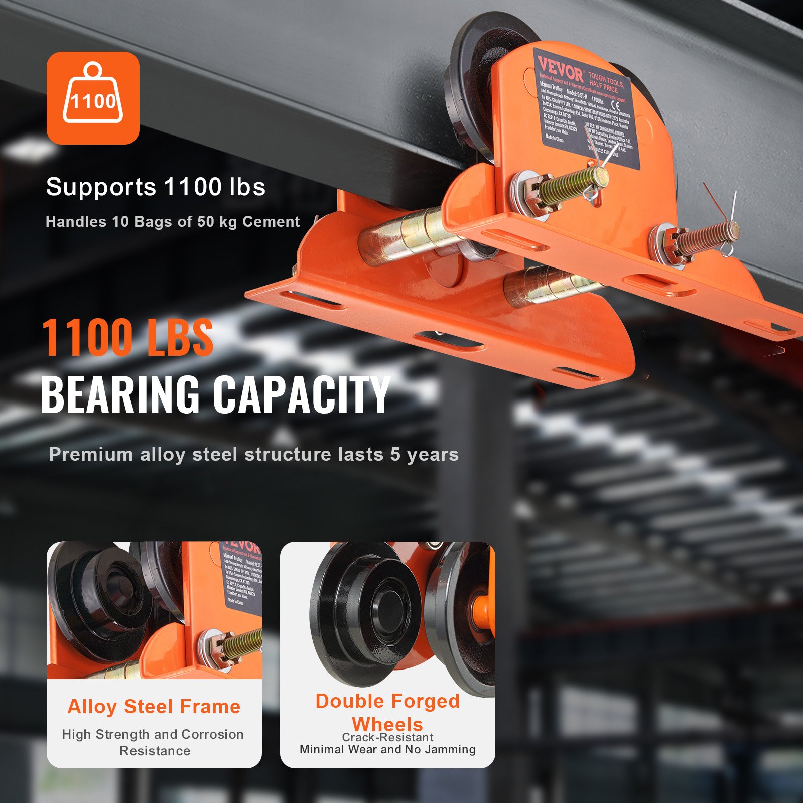 VEVOR Carro Portapolipasto Eléctrico Carga de 0,5 T Carro con Viga de Empuje de Acero Aleado Ancho Ajustable 60-120 mm con Ruedas para Polipasto PA200 PA250 PA300 PA400 PA500 Viga I Recta y Curva