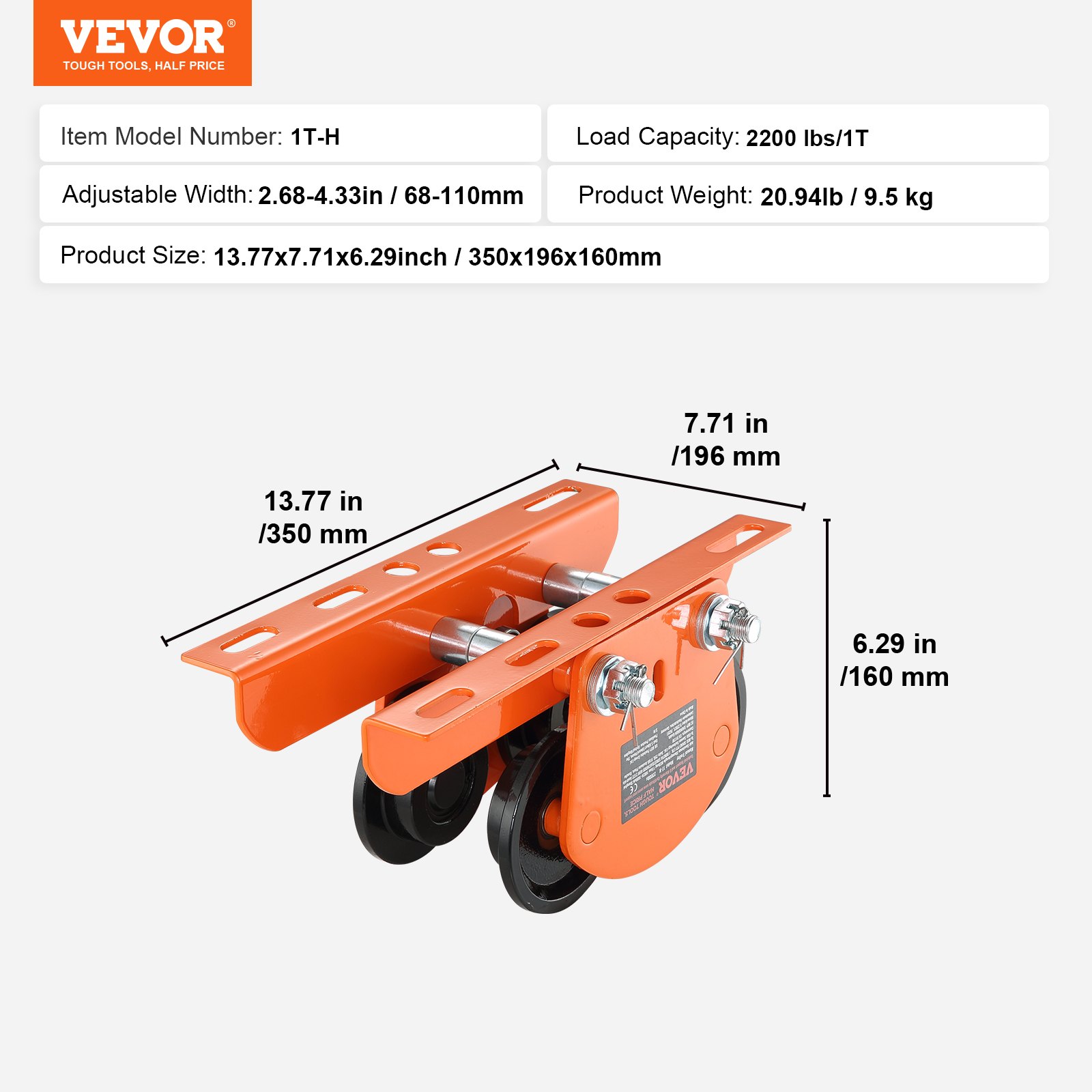 VEVOR Carro Portapolipasto Eléctrico Carga de 1 T Carro con Viga de Empuje de Acero Aleado Ancho Ajustable 68-110 mm con Ruedas para Polipasto PA200 PA250 PA300 PA400 PA500 Viga I Recta y Curva
