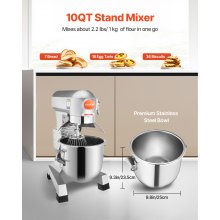 VEVOR Batidora Amasadora 10 L, Amasadoras Repostería 450 W con 3 Velocidades Ajustables (110 rpm, 178 rpm, 390 rpm ), Amasadora de Pan Profesional de Acero Inoxidable, con 3 Accesorios de Mezcla