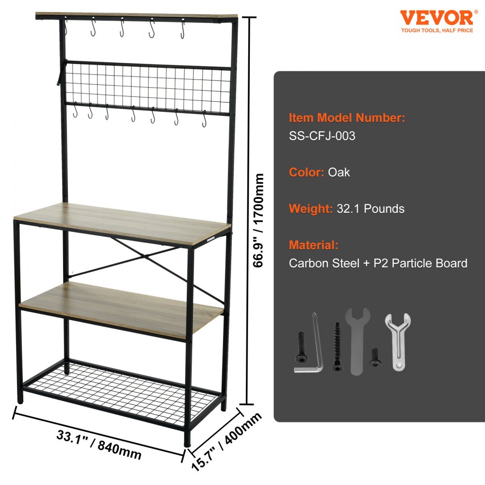 VEVOR Estante para Panaderos de 4 Niveles Estante de Almacenamiento de Servicios 84x40x170cm Estantería de Cocina Industrial con 10 Ganchos Capacidad de 105kg Estante con Soporte para Horno Microondas
