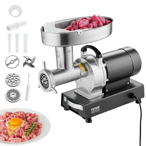 VEVOR Picadora de Carne Eléctrica de Acero Inoxidable 1100W (4600W Max) Máquina de Carne Industrial Capacidad de 450 kg/h con 2 Cuchillas, 2 Placas de Picado, Juego de Kubbe Cuerpo de Acero al Carbono