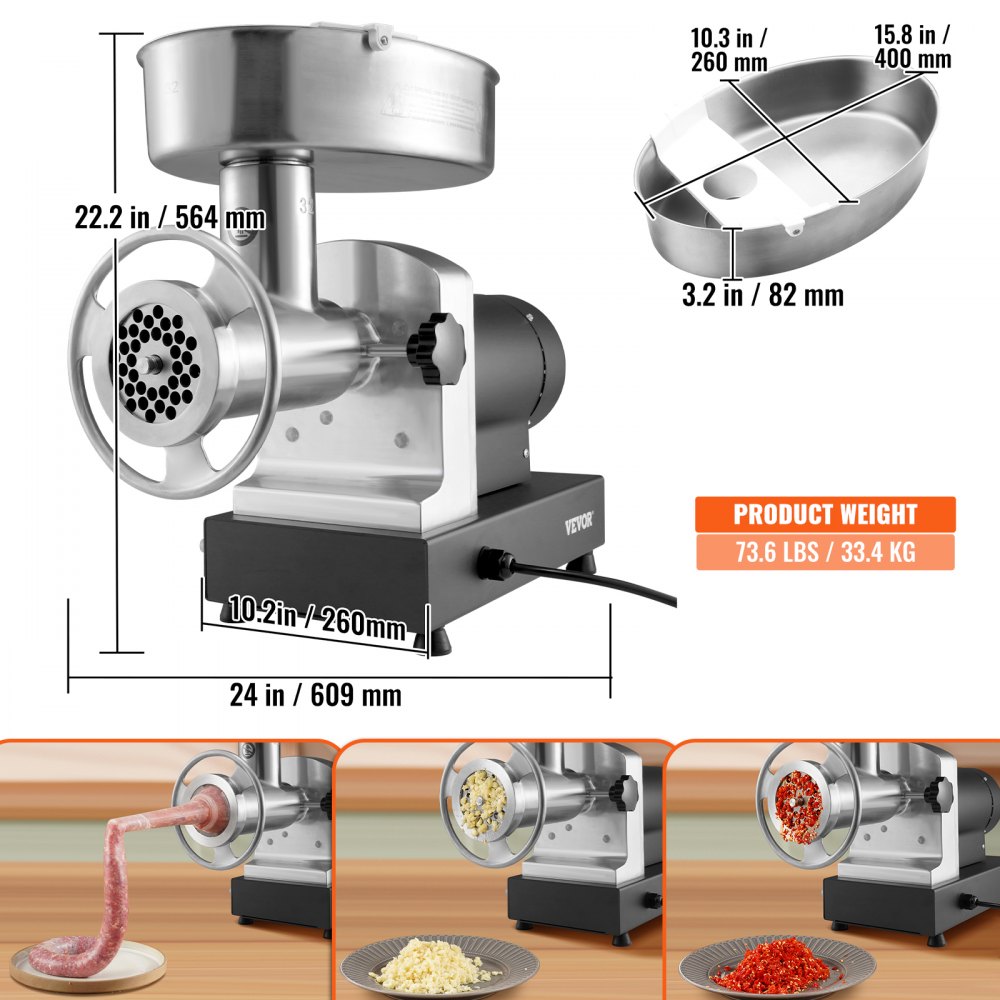 VEVOR Picadora de Carne Eléctrica de Acero Inoxidable 1100W (4600W Max) Máquina de Carne Industrial Capacidad de 450 kg/h con 2 Cuchillas, 2 Placas de Picado, Juego de Kubbe Cuerpo de Acero al Carbono
