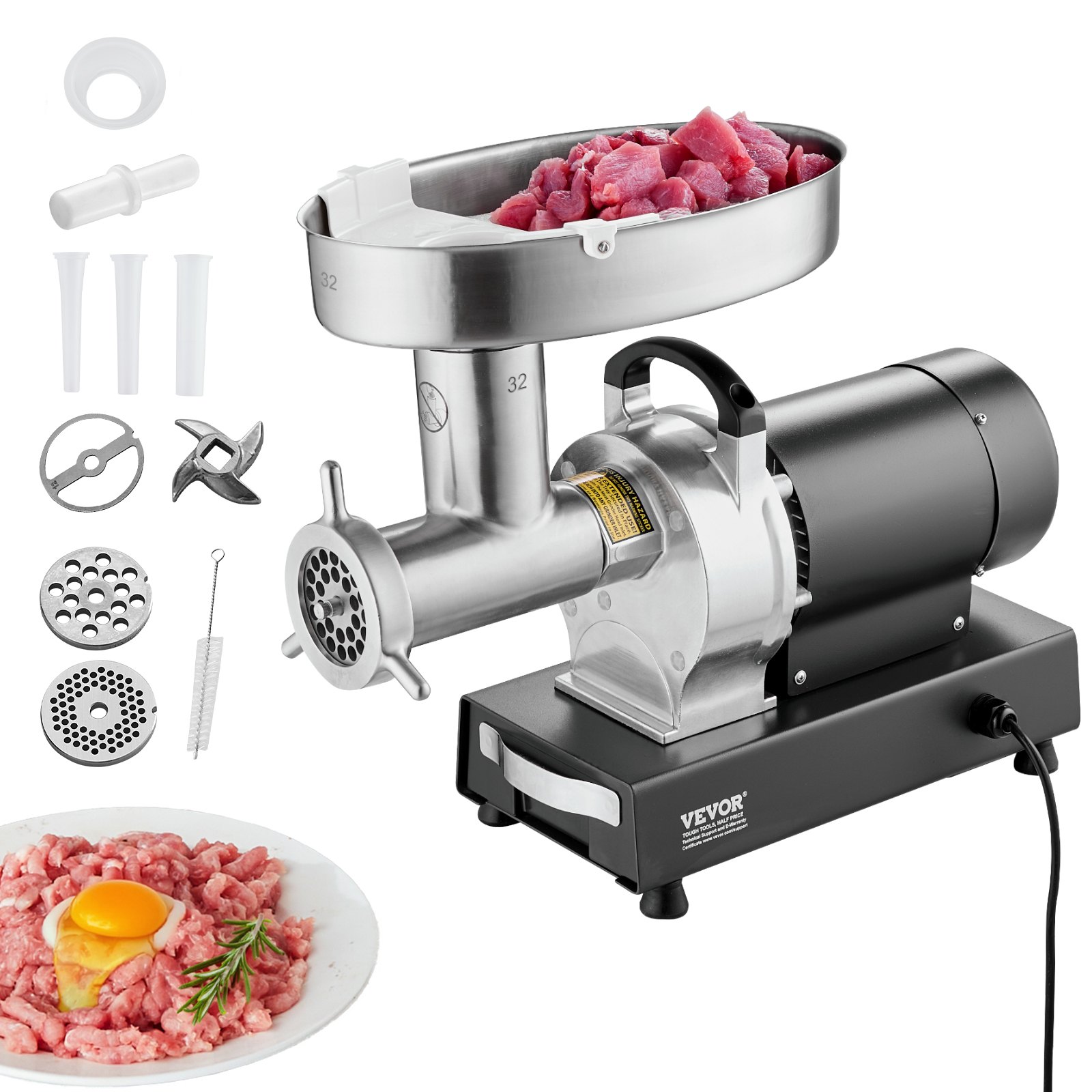 VEVOR Picadora de Carne Eléctrica de Acero Inoxidable 1100W (4600W Max) Máquina de Carne Industrial Capacidad de 450 kg/h con 2 Cuchillas, 2 Placas de Picado, Juego de Kubbe Cuerpo de Acero al Carbono