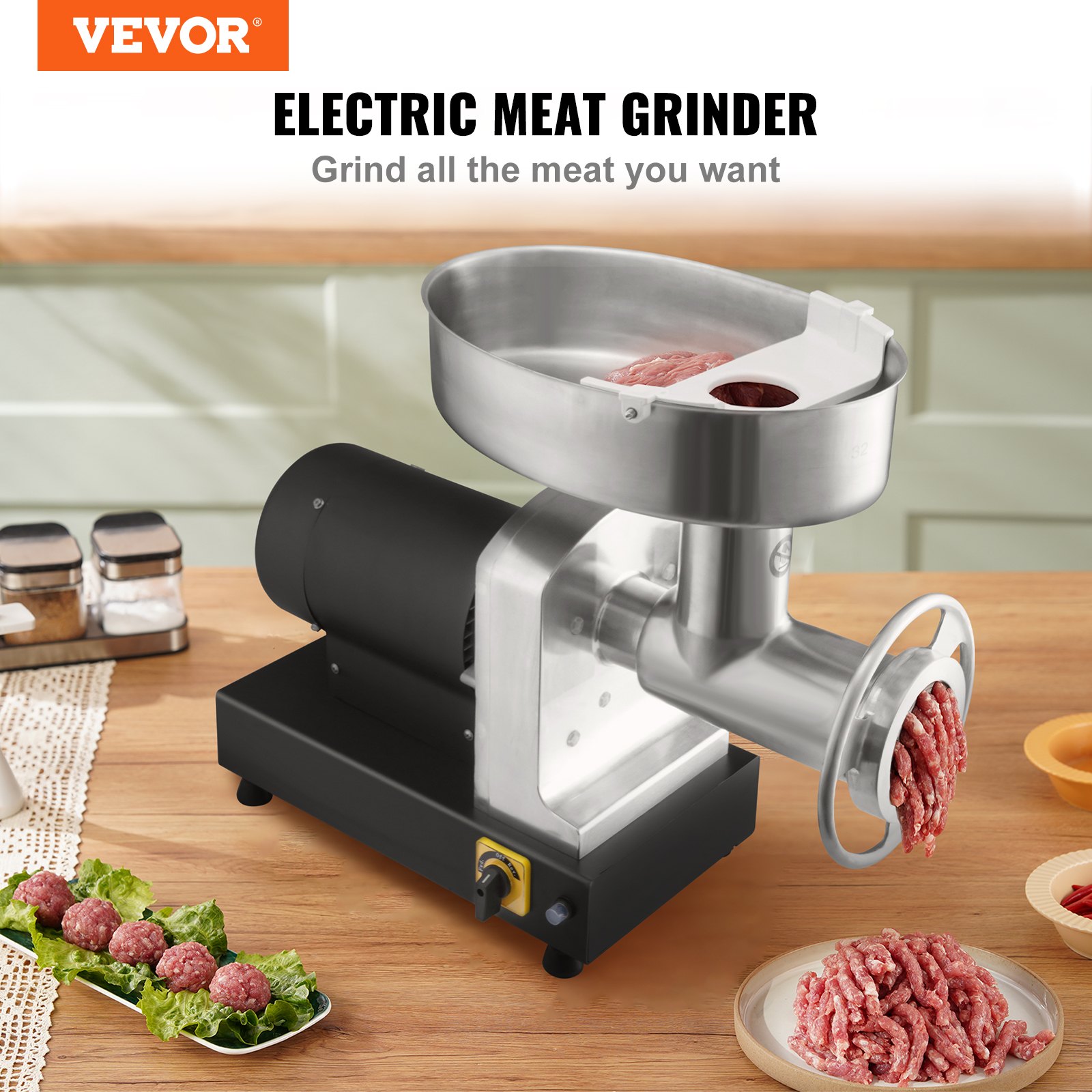 VEVOR Picadora de Carne Eléctrica de Acero Inoxidable 1100W (4600W Max) Máquina de Carne Industrial Capacidad de 450 kg/h con 2 Cuchillas, 2 Placas de Picado, Juego de Kubbe Cuerpo de Acero al Carbono