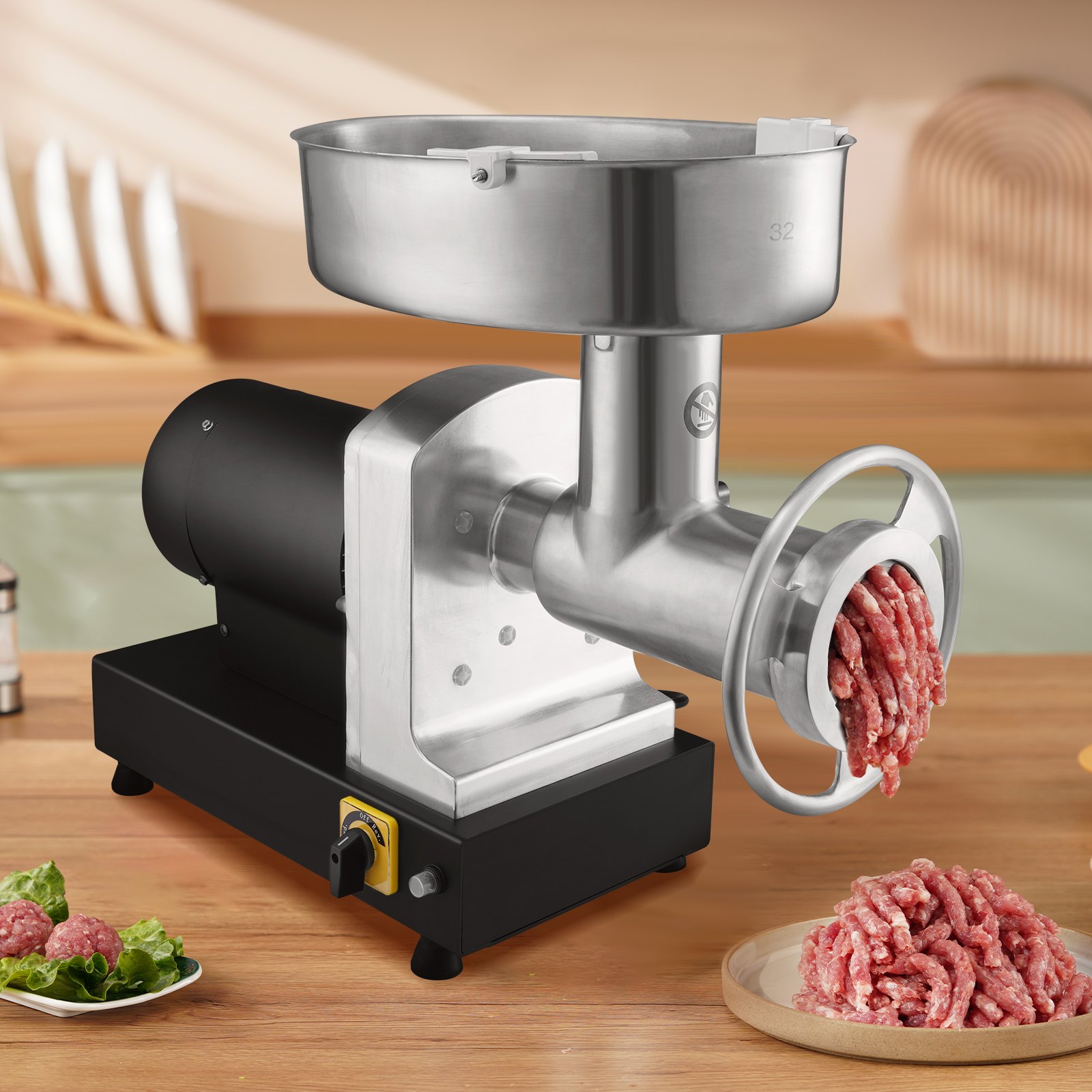 VEVOR Picadora de Carne Eléctrica de Acero Inoxidable 1100W (4600W Max) Máquina de Carne Industrial Capacidad de 450 kg/h con 2 Cuchillas, 2 Placas de Picado, Juego de Kubbe Cuerpo de Acero al Carbono