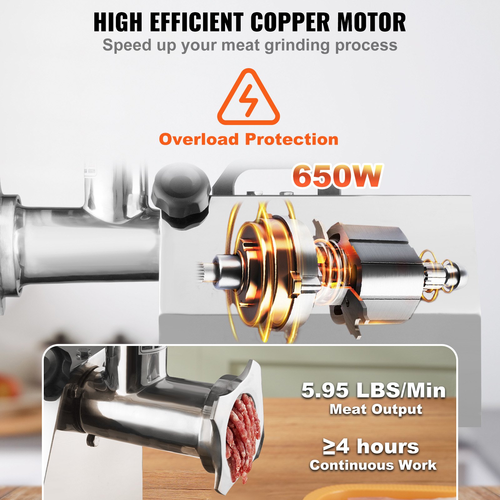 VEVOR Picadora de Carne 650W Picadora Eléctrica Multifunción 3,76 kg/min con 2 Cuchillas 2 Placas de Picado Empujador de Salchichas de Acero Inoxidable para Picar Rápidamente Carne Cebolla Ajo Hierbas