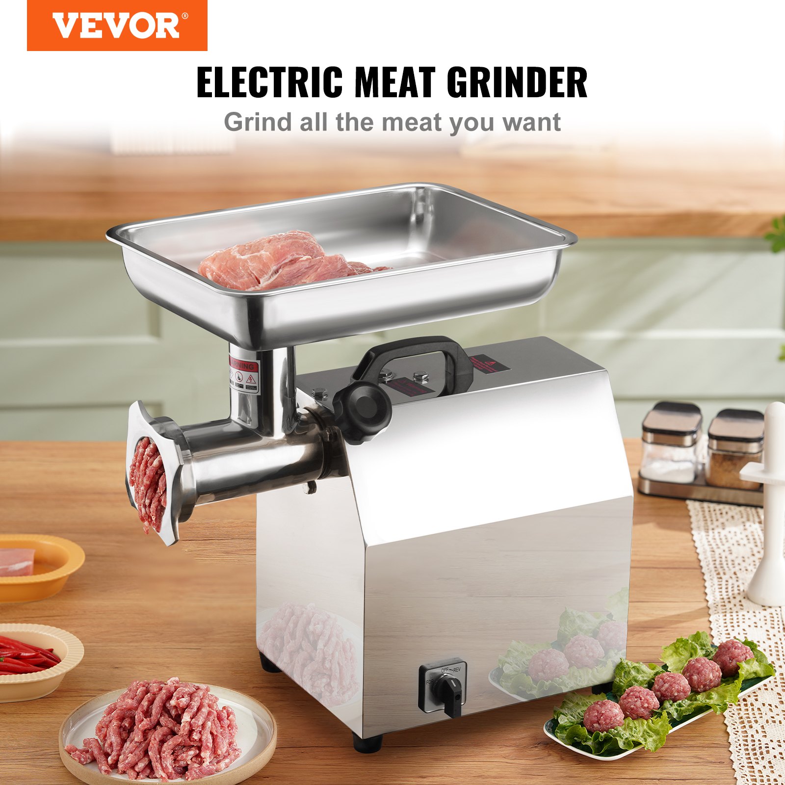 VEVOR Picadora de Carne 1100W Picadora Eléctrica Multifuncional 360 kg/h con 2 Cuchillas 2 Placas de Picado Empujador de Salchichas de Acero Inoxidable para Picar Rápidamente Carne Cebolla Ajo Hierbas